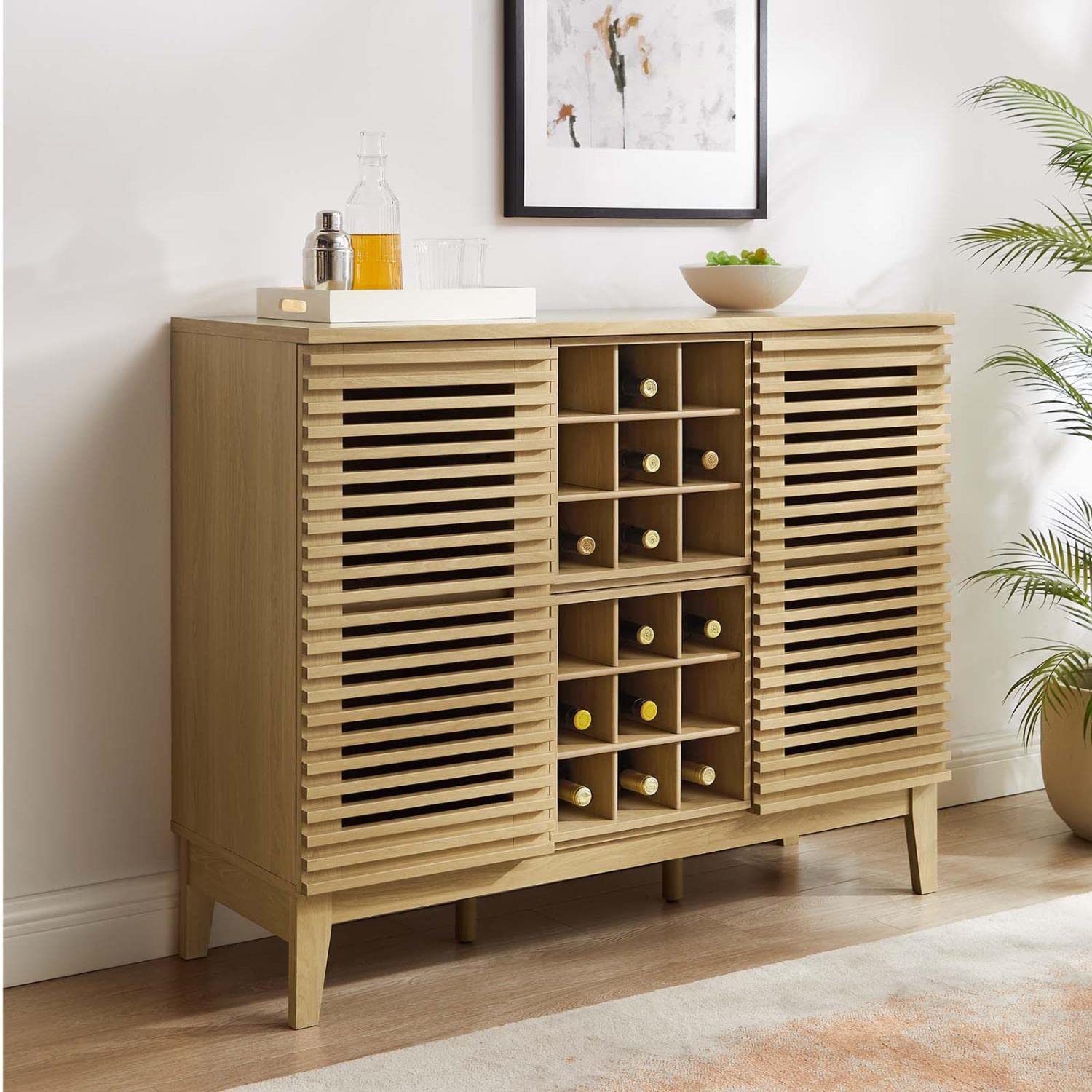 Modway Render Mid-Century Modern Wine Bar Cabinet - Solid Oak Wood, 17 x 46 x 37 Inches - Vintage Home Bar Furniture for Dining Room, Living Room & Entertaining