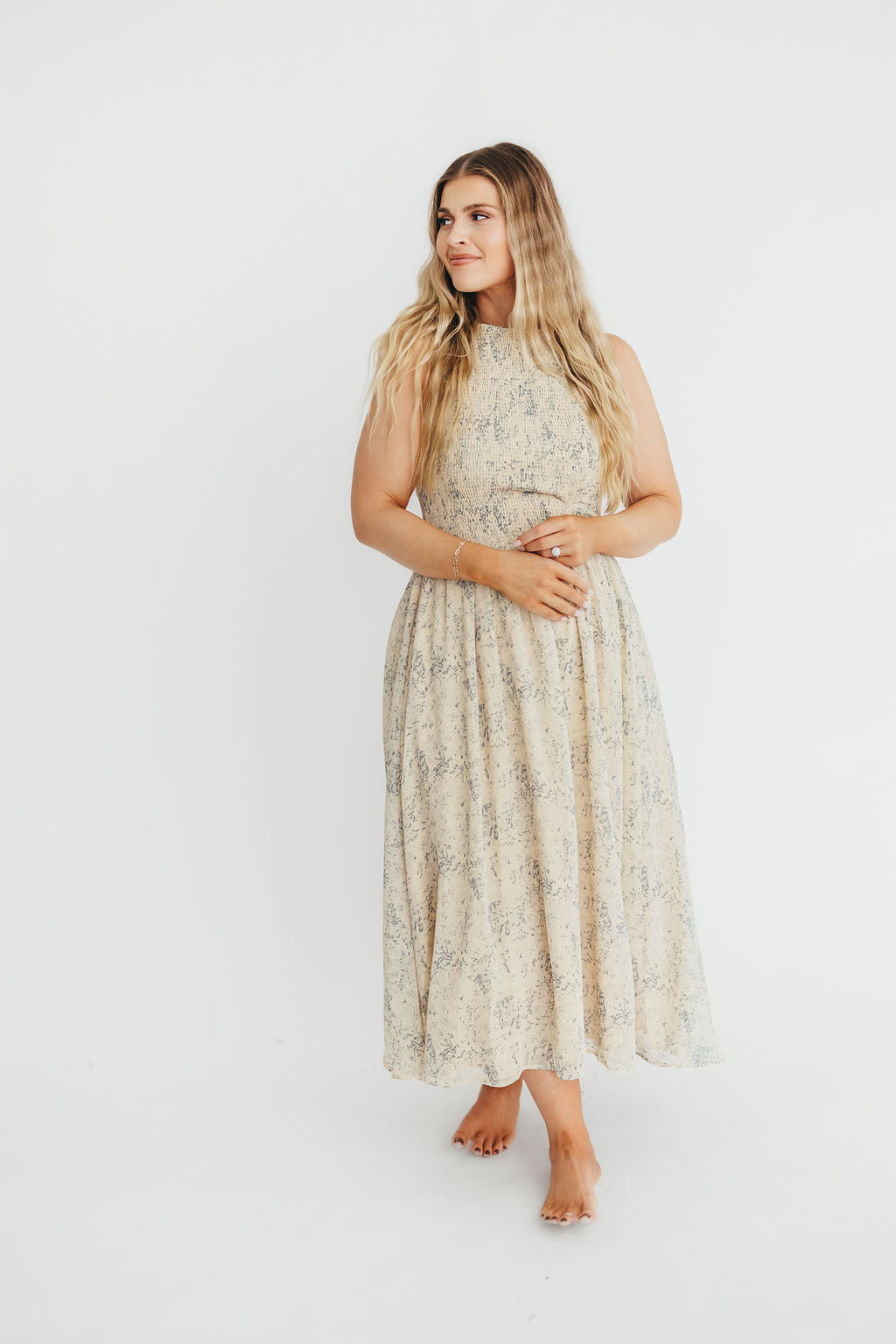 Alaina Floral Print Smocked Midi Dress - Blue Multi Color Summer Dress for Women | Perfect for Beach Vacations, Garden Parties & Casual Outings