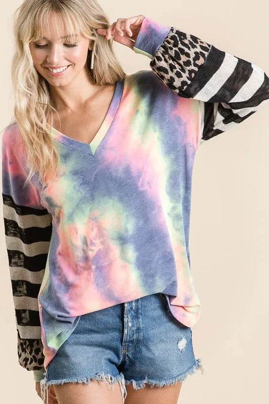 BiBi Tie Dye V-Neck Top with Stripe Puff Sleeves - Women's Boho Chic Blouse for Summer, Beach, and Music Festivals