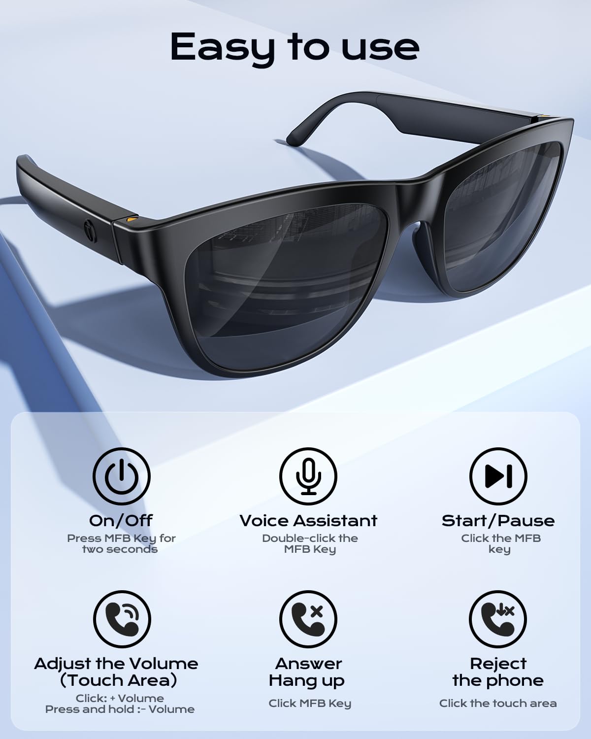 Smart Bluetooth Glasses with Built-in Mic & Speakers - Wireless Audio Sunglasses for Men & Women - UV Protection, Voice Control for Sports & Outdoor Activities - Unisex Black Frame for Running, Cycling & Daily Use