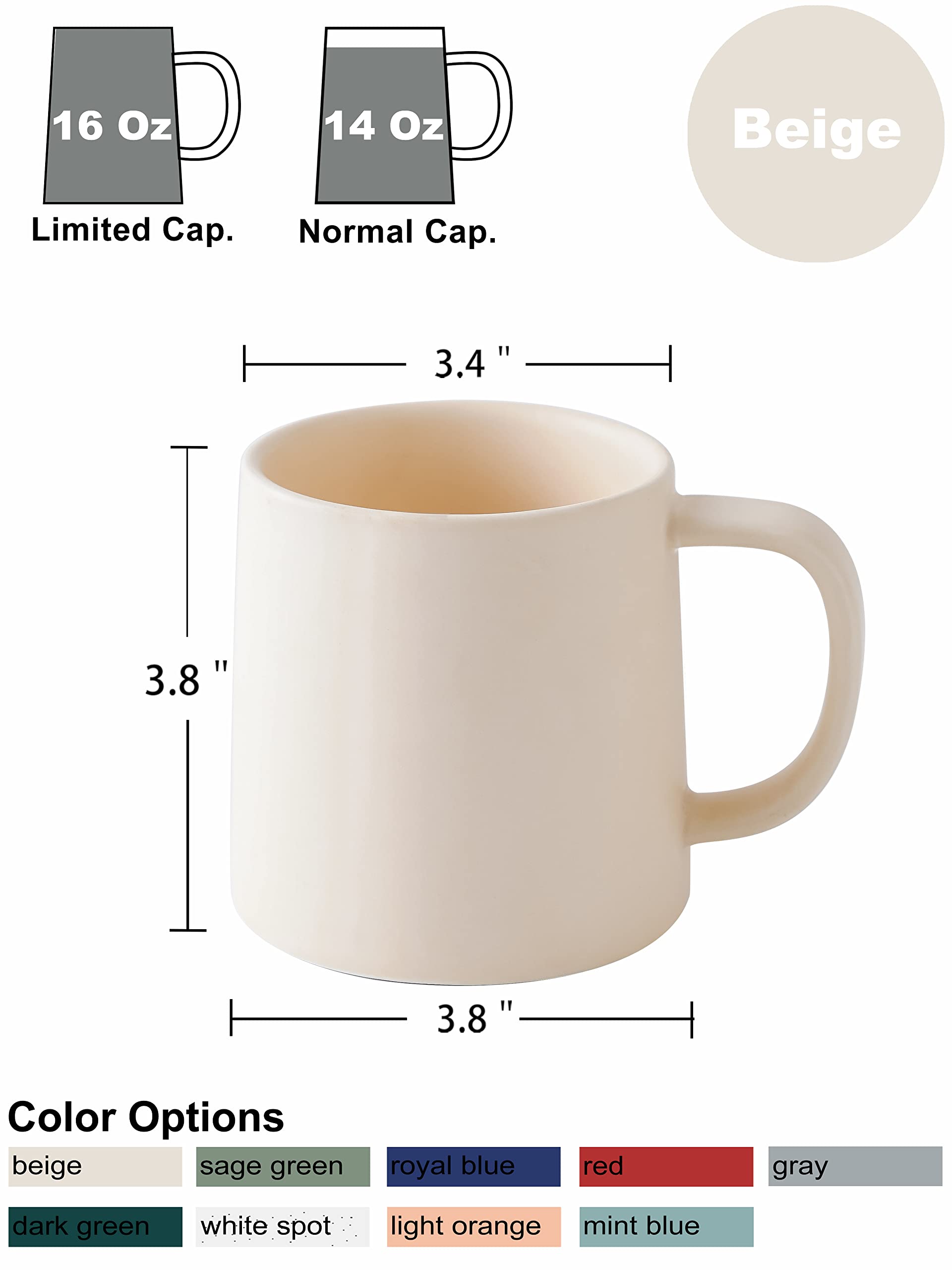 16 Oz Ceramic Coffee Mugs Set of 2 - Matte Beige Solid Color Tea Cups for Home, Office & Gifts - Durable Coffee Drinking Mugs for Hot & Cold Beverages