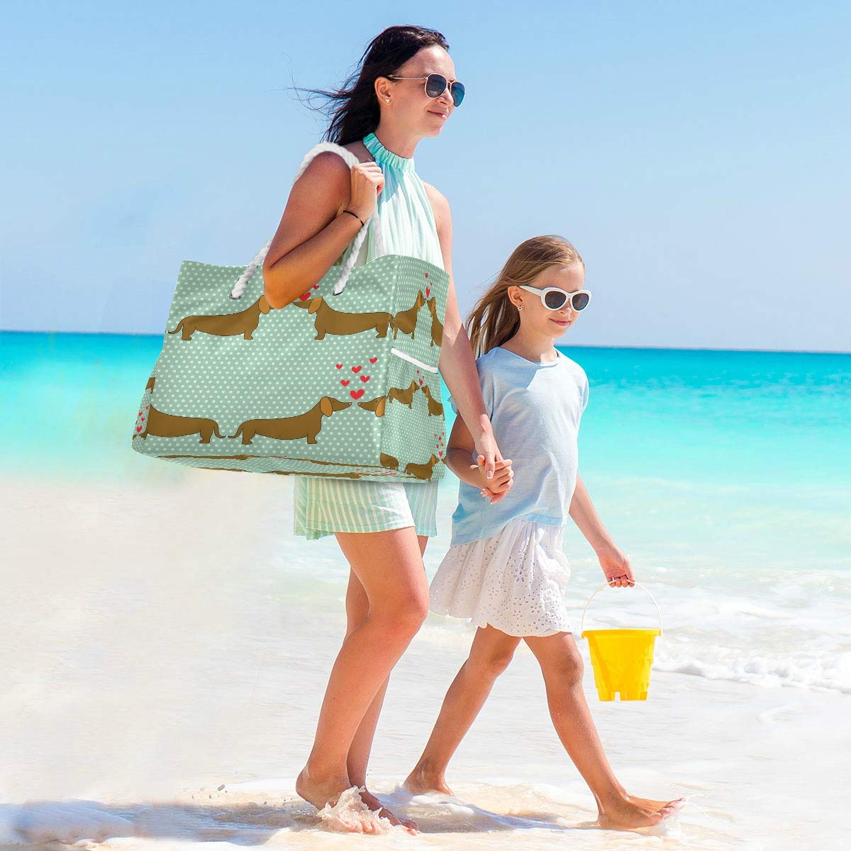 ALAZA Dachshund Puppy Dog Print Polka Dot Tote Bag - Large Beach Bag with Rope Handles for Women, Shopping, Groceries, Travel & Outdoor Activities - Perfect for Beach Day, Picnic, and Daily Use