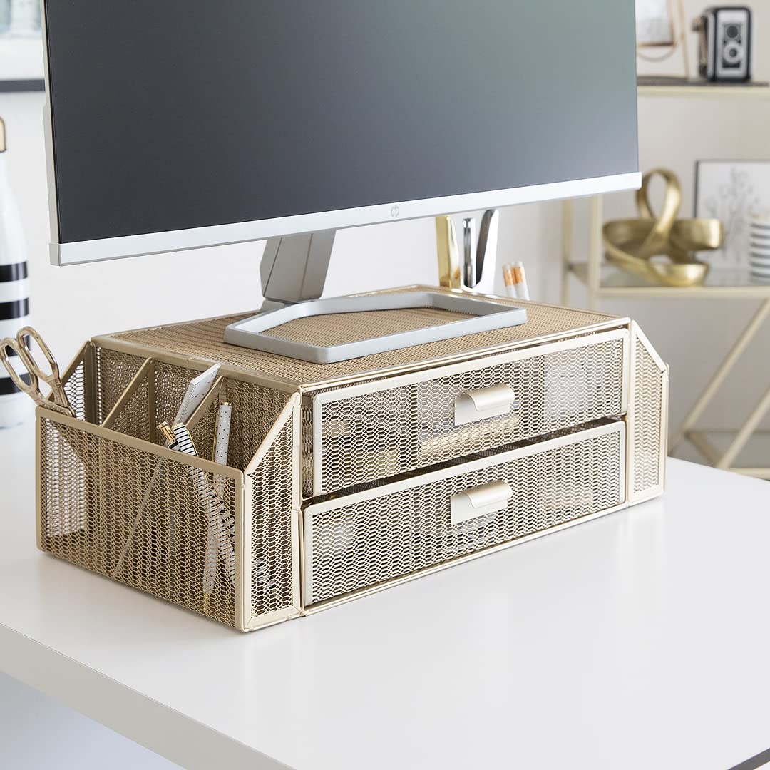 Blu Monaco Gold Monitor Stand with Drawer - Desk Organizer for Laptop & Computer