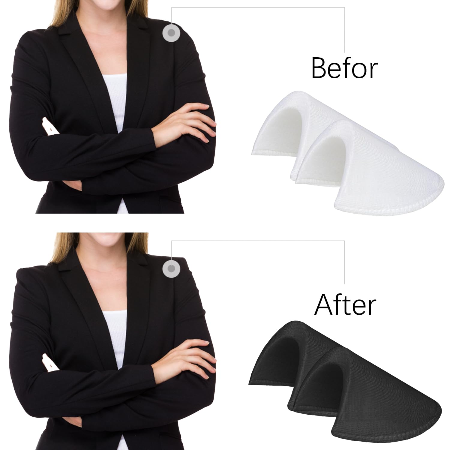 4 Pairs Self-Adhesive Shoulder Pads for Blazers - Non-Slip Sponge Shoulder Protectors with Soft Cover (Black & White) | Perfect for Suits, Dresses & Formal Wear Enhancement