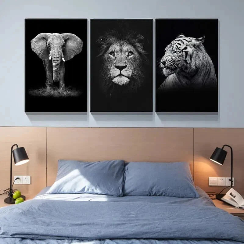 3-Piece Elephant Lion Tiger Animal Prints Metal Wall Art - Ready to Hang Jungle Theme Decor for Living Room, Bedroom & Office