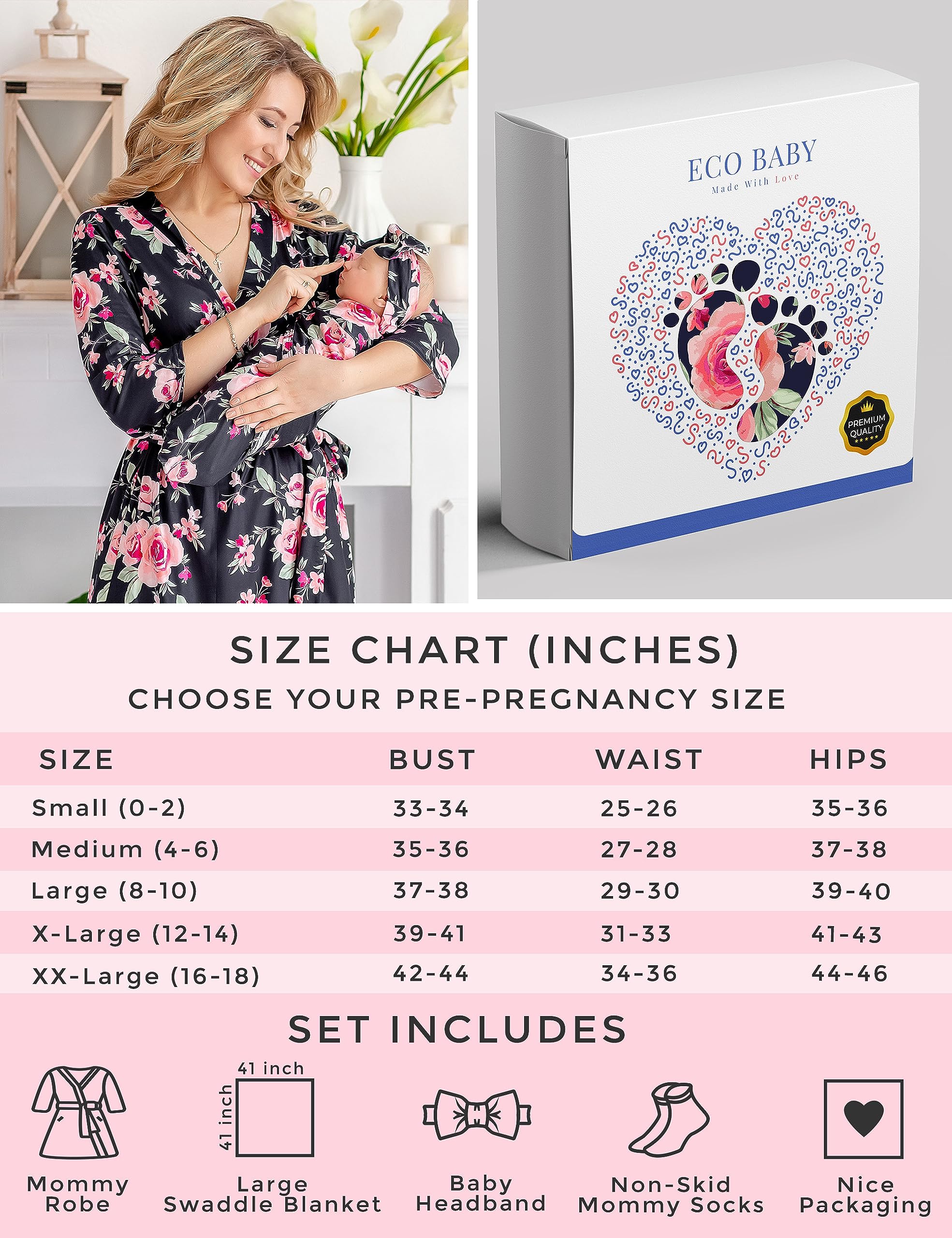 ECO BABY Mommy and Me Robe & Swaddle Set | Matching Maternity Robe & Baby Swaddle for Girls & Boys | Hospital Labor & Delivery Gift | Nursing & Newborn Photo Outfit