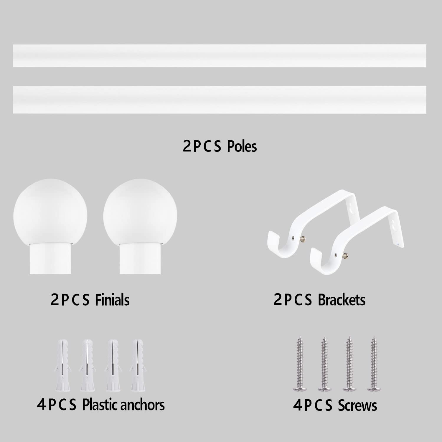 3/4 Inch Heavy Duty Adjustable Curtain Rod Set (28-48 Inches) with Round Finials - White Window Drapery Rod for Living Room, Bedroom & Dorm Decor