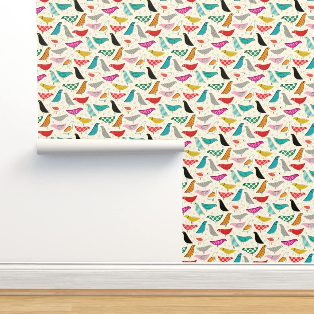12ft x 2ft Peel & Stick Removable Wallpaper - Modern Rainbow Bird Design, Scandinavian Nursery Decor, Gender Neutral Yellow Midcentury Pattern by Spoonflower | Perfect for Kids Rooms, Dorm Decor & Home Office Accent Walls