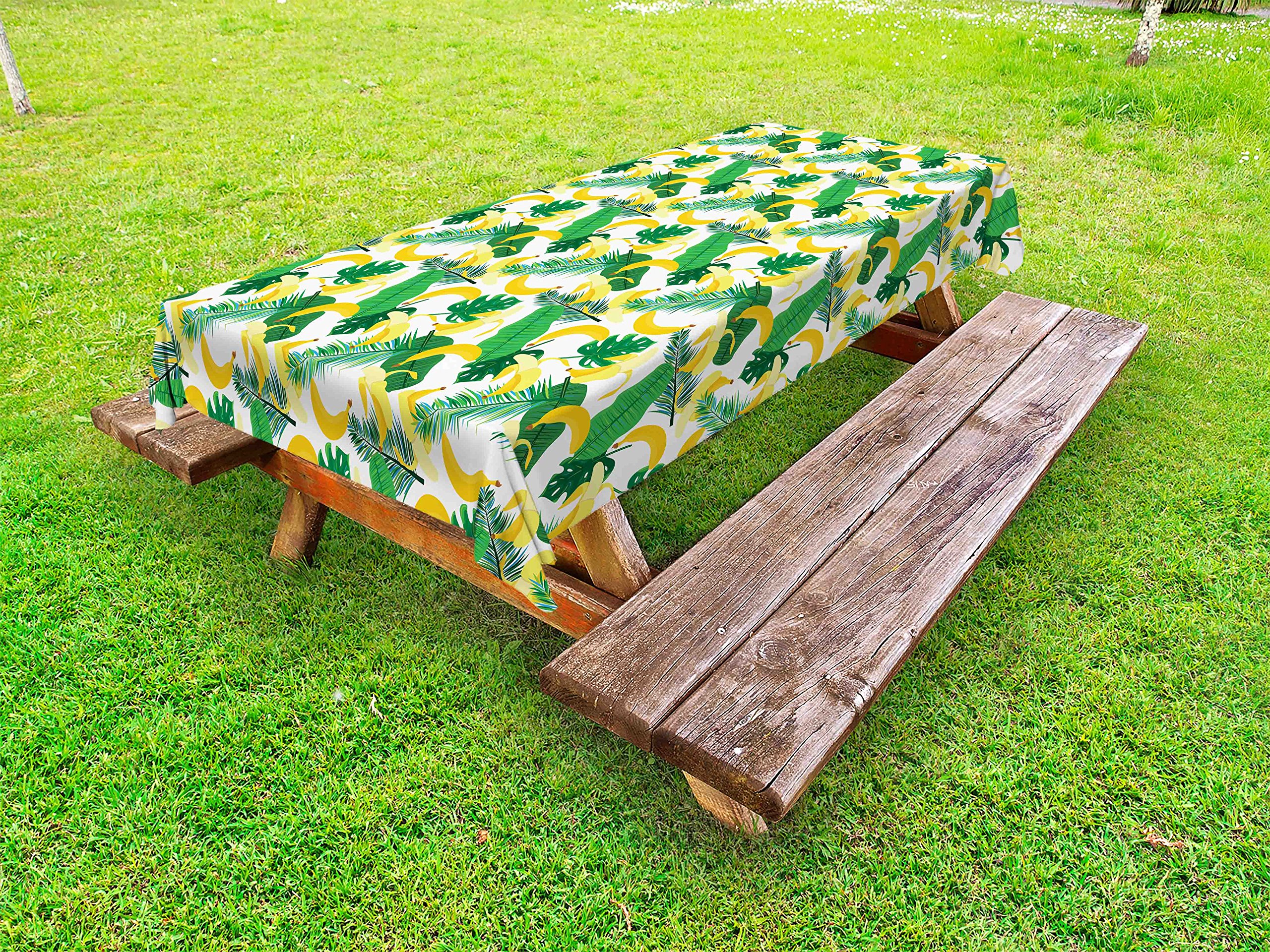 Ambesonne Tropical Banana Leaf Tablecloth - Hand Drawn Cartoon Style Fruit Pattern, Washable Outdoor Picnic Table Cover 58x120 Inches - Perfect for Beach Parties, Backyard BBQs, and Jungle Themed Decor