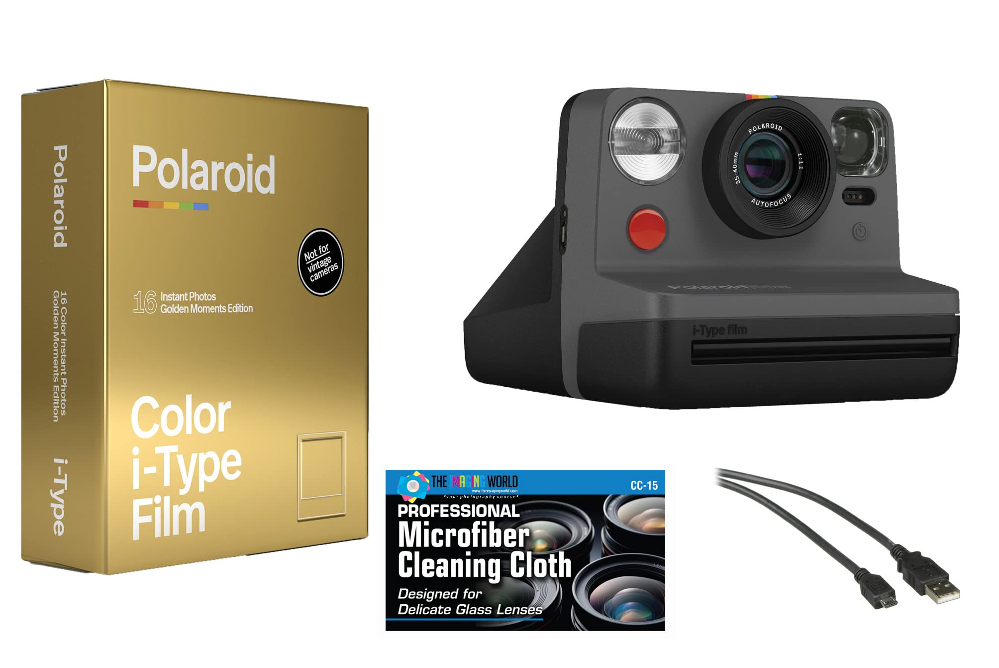 Polaroid Now i-Type Instant Film Camera (Black) with Golden Moments Film Double Pack - Vintage Style Instant Camera for Travel, Parties & Home Decor