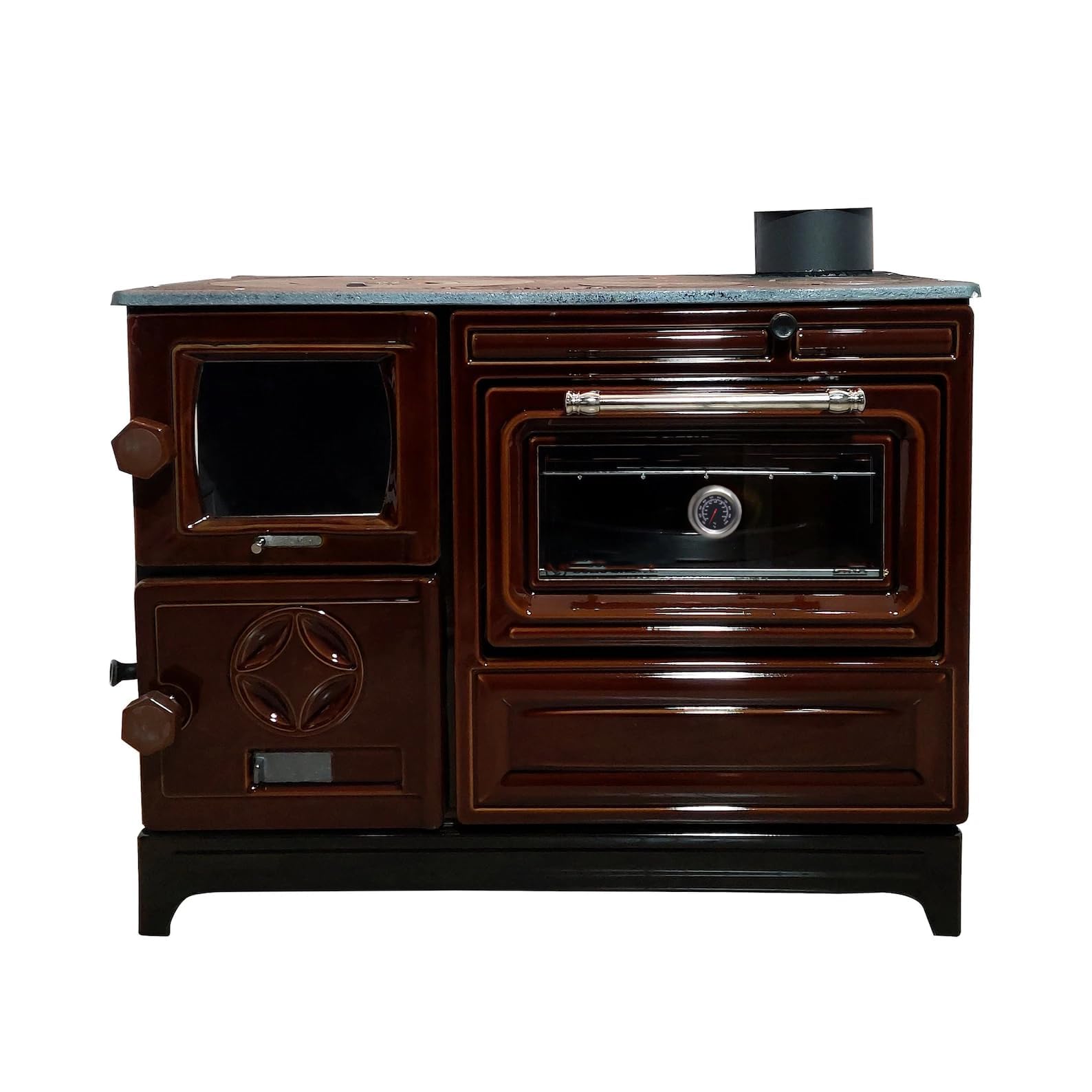 Premium Cast Iron Wood Burning Oven - Durable Baking & Cooking Stove with Built-in Thermometer, Glass Window & Heating Function - Made in Turkey (Brown) - Perfect for Outdoor Cooking, Camping, Pizza Making & Rustic Home Decor