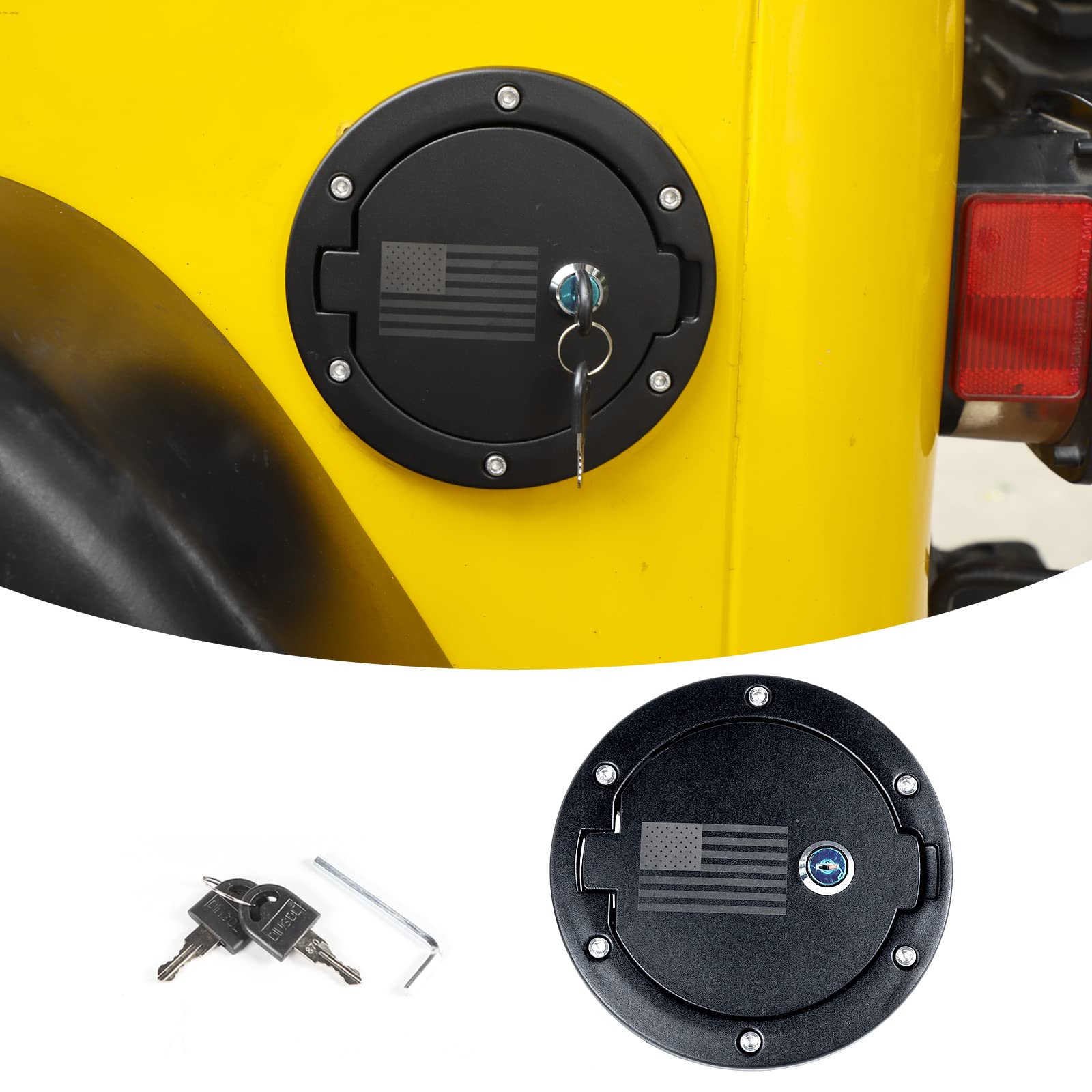 Jeep Wrangler TJ 1997-2006 Fuel Filler Door Locking Gas Tank Cap Cover with US Flag Design - Durable Exterior Accessory for Off-Road Protection & Style Enhancement | Perfect for Jeep Enthusiasts & Patriotic Drivers