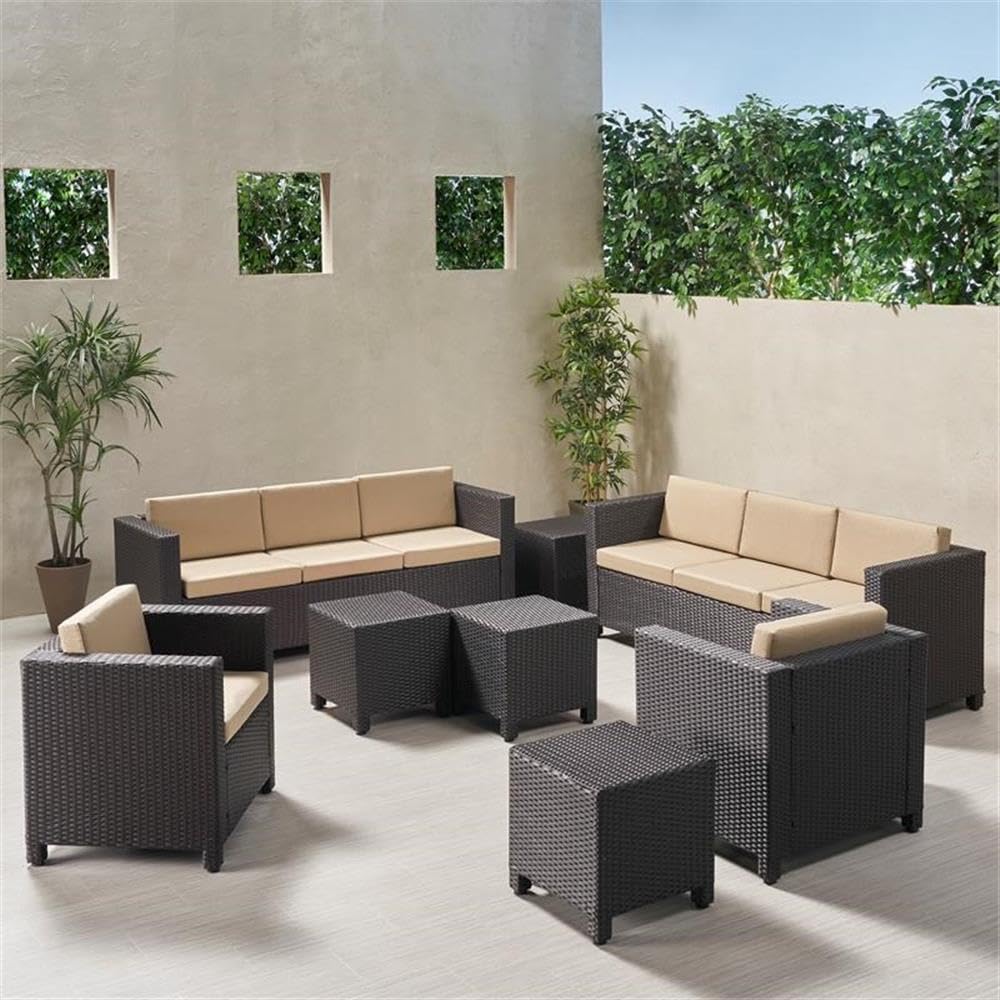 Noble House Puerta Outdoor 8-Piece Patio Conversation Set with 2 Side Tables - Weather-Resistant Brown Wicker Furniture for Garden, Poolside or Backyard Relaxation