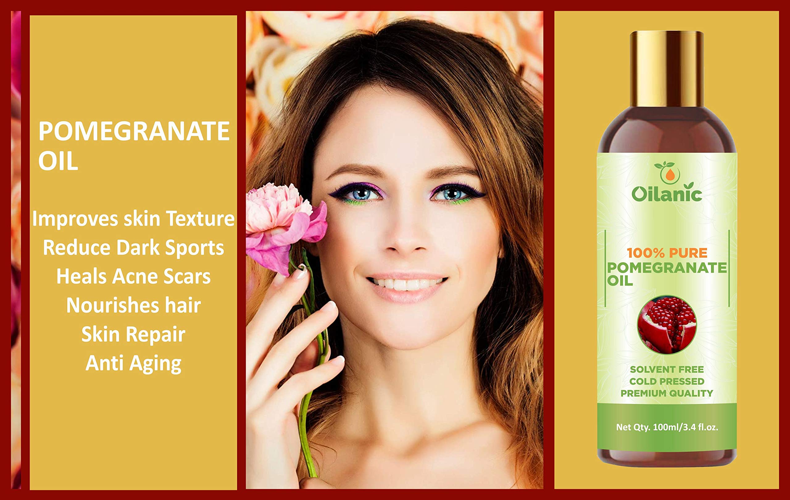 Oilanic 100% Pure & Natural Pomegranate Oil (3.4 fl oz) - Cold Pressed, Unrefined for Hair, Skin & Face Care - Perfect for DIY Beauty Recipes & Aromatherapy