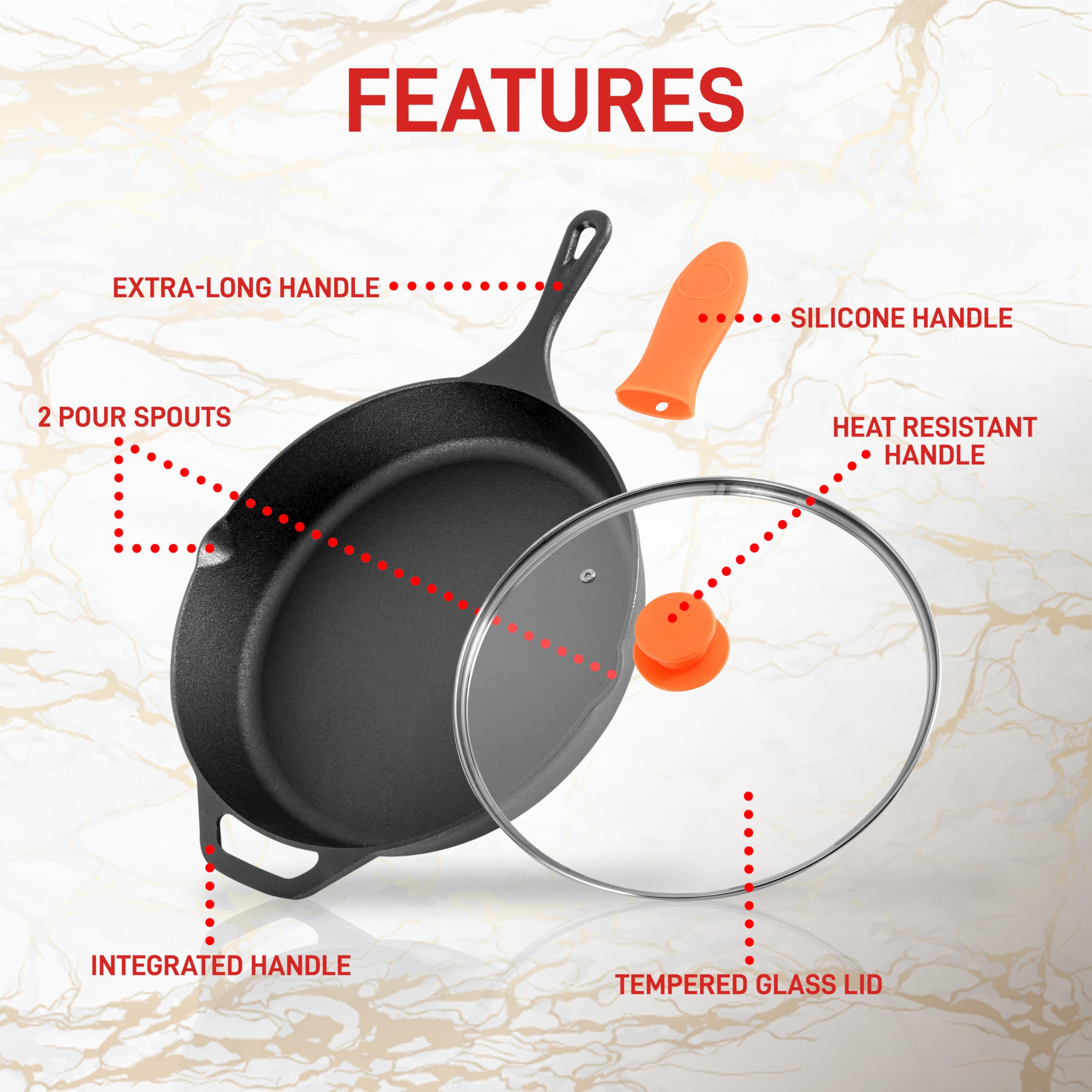 NutriChef 12-Inch Pre-Seasoned Cast Iron Skillet with Lid - Oven Safe, Nonstick Frying Pan with Cool-Touch Silicone Handle - Compatible with All Cooktops (Gas, Electric, Induction) - Perfect for Searing, Baking, and Stovetop Cooking - NCCI12