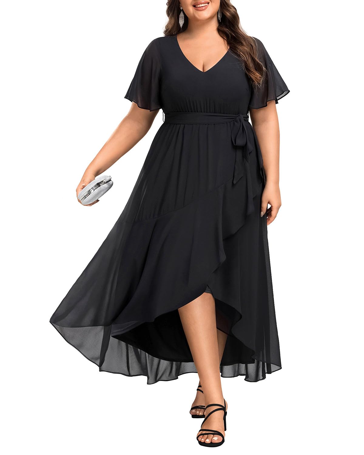 Elegant Plus Size Women's Long Chiffon Dress with High-Low Hem & Ruffle Detail - Perfect for Evening, Bridesmaid, Wedding Guest & Formal Occasions - Flowy Maxi Dress for Special Events & Parties
