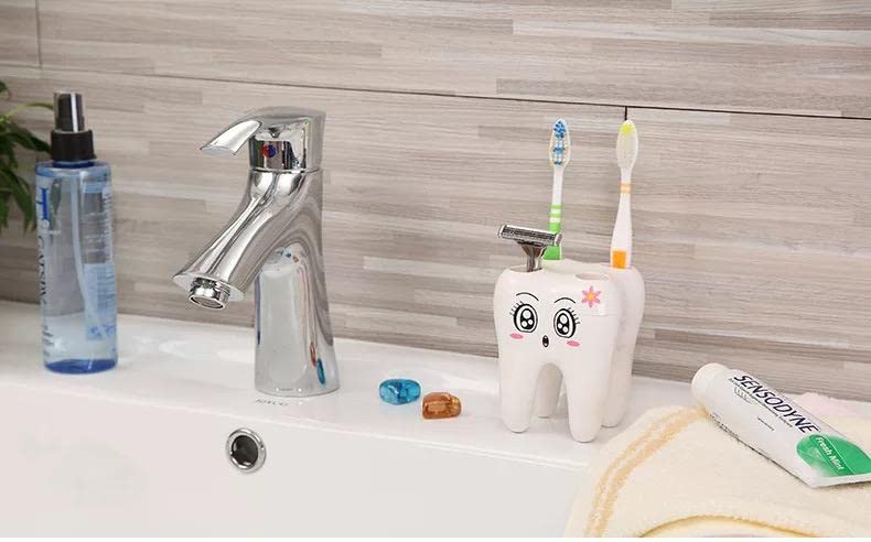 GB Quality 4-Hole Plastic Toothbrush Holder - Tooth-Shaped Bathroom Organizer with Cute Cartoon Design, White (Perfect for Kids' Bathrooms, Dormitories & Travel Storage)
