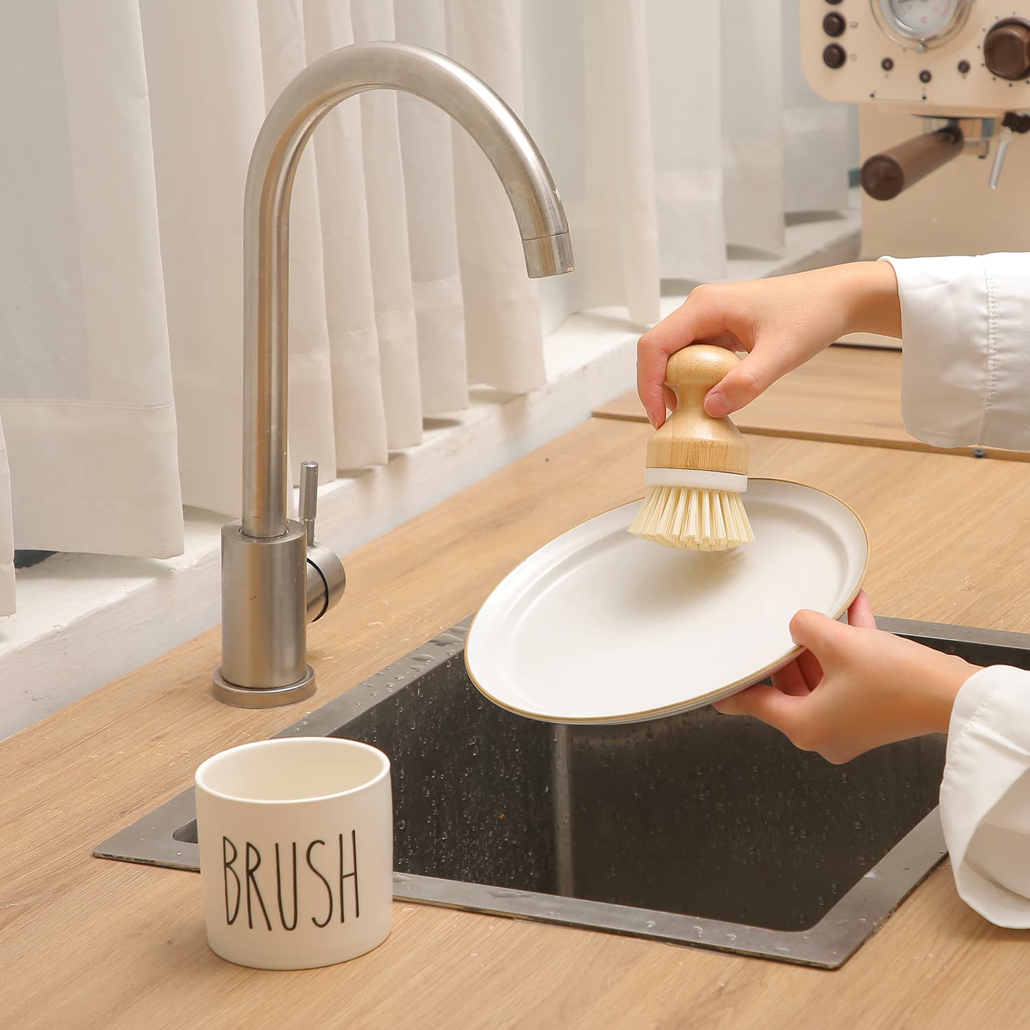HOMCDALY Bamboo Dish Brush with Ceramic Holder - Eco-Friendly Kitchen Scrub Brush for Washing Dishes - Dishwashing Brush Set with Storage - Perfect for Daily Kitchen Cleaning & Sustainable Home Use (White)