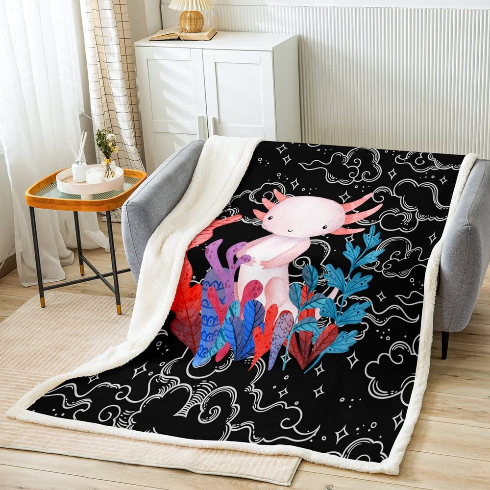 Cute Axolotl Fleece Throw Blanket for Kids & Boys - Cartoon Salamander Sherpa Blanket, Kawaii Animal Fuzzy Blanket for Sofa, Bed, Couch - Constellation Black Decor - Twin Size 60x80 Inches - Perfect for Cozy Nights, Kids' Rooms & Anime-Themed Decor