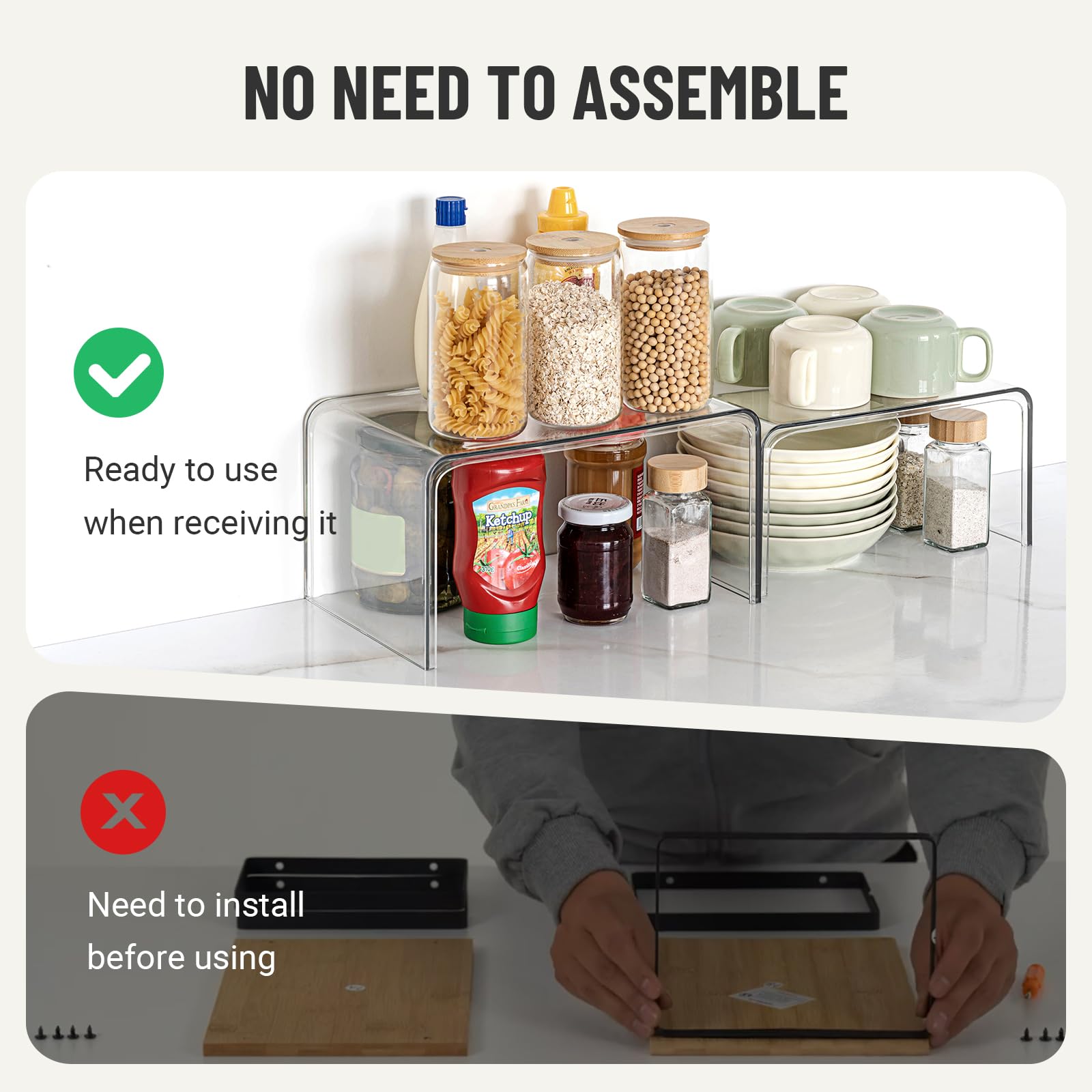 Clear Cabinet Organizer Set of 2 - Kitchen Shelf Organizer for Pantry, Spice Storage & Countertop Display - Space Saving Room Decor for Desk & Cabinet Organization - Perfect for Home, Office & Dorm Use