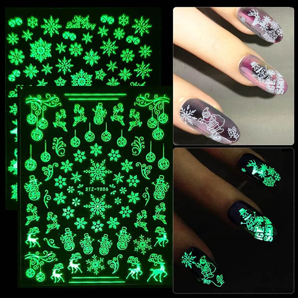 Glow in The Dark Christmas Nail Art Stickers - 9 Sheets Self-Adhesive Snowflake Nail Decals for Winter Holiday Nail Design | Perfect for Xmas Parties, Gift Wrapping & Festive Nail Art Decoration