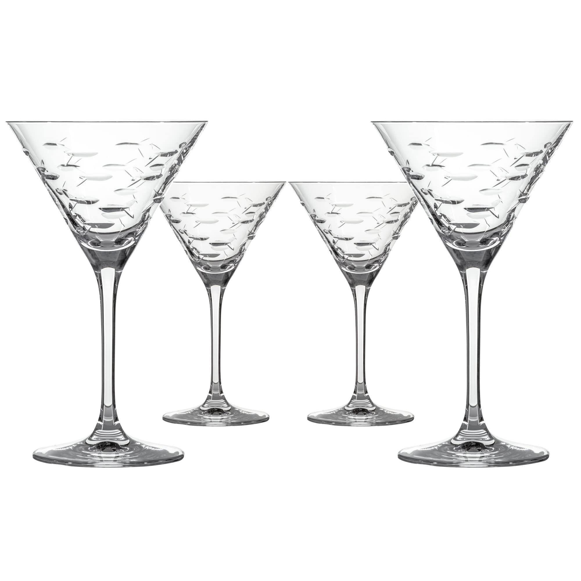 Premium Rolf Glass School of Fish Martini Glasses Set of 4 - 10 oz Lead-Free Crystal Clear Stemware - Handcrafted Diamond-Wheel Engraved Cocktail Glasses - Made in USA - Perfect for Home Bars, Dinner Parties & Gift Giving