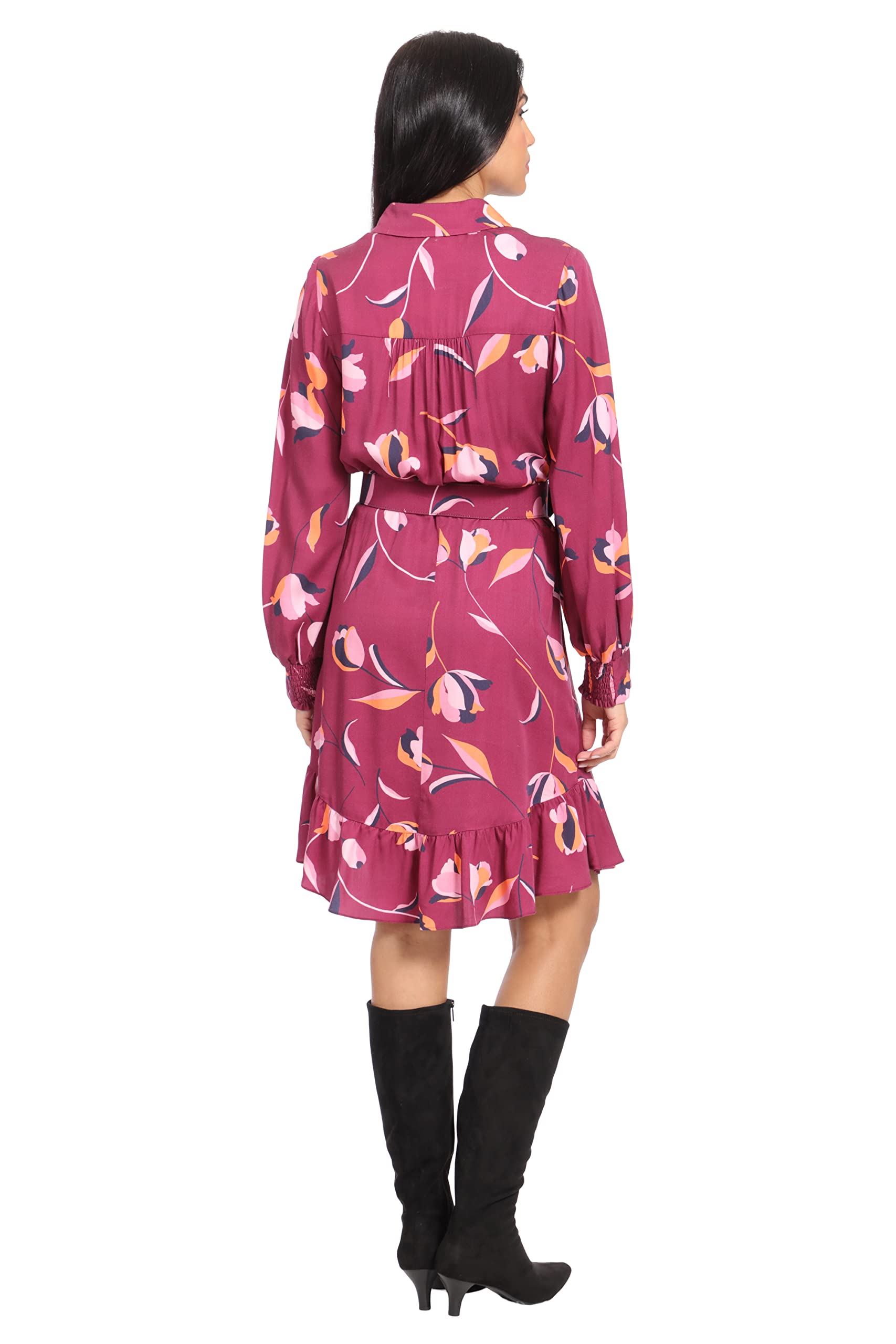 London Times Women's Petite Balloon Sleeve Mini Shirtdress - Flirty Casual Dress for Brunch, Date Night & Summer Outings