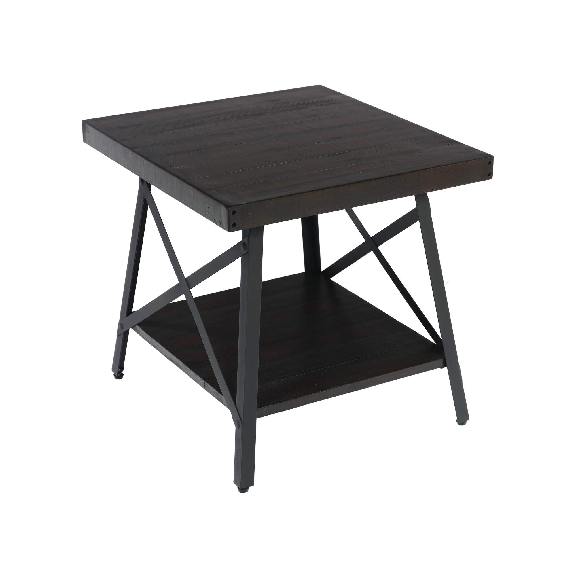 Emerald Home Chandler Hardwood Square Accent Side End Table with Storage Shelf - Dark Brown Pine Finish, Sturdy Metal Legs for Living Room, Bedroom, or Office Use