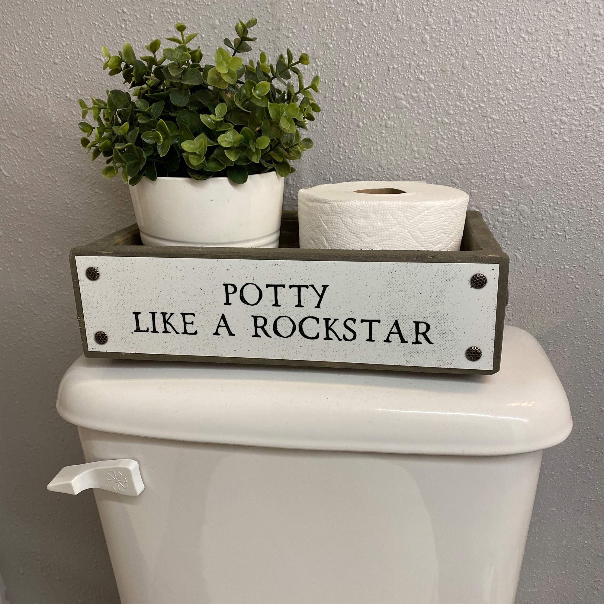ANVEVO Potty Like A Rockstar - Rustic Farmhouse Wooden Toilet Paper Holder & Diaper Caddy - Funny Bathroom Decor Box with Sayings - Perfect for Nursery, Farmhouse Style Bathrooms & Gift Ideas