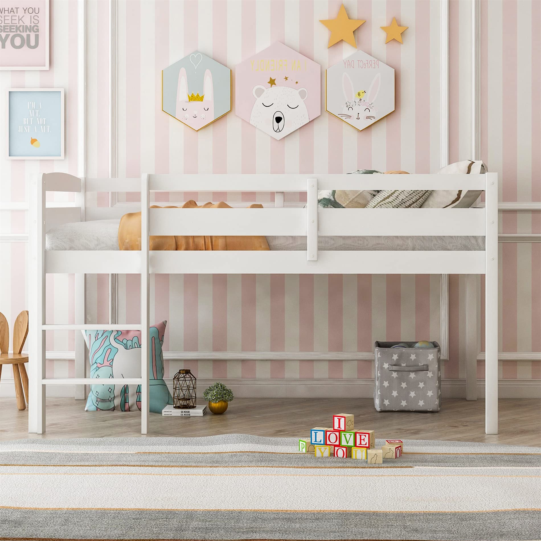 Harper & Bright Designs Low Loft Bed Twin Size - Sturdy Wooden Loft Bed Frame with Ladder & Safety Guardrails for Kids, Teens & Toddlers (White) - Perfect for Small Bedrooms, Dorms & Space-Saving Kids' Rooms