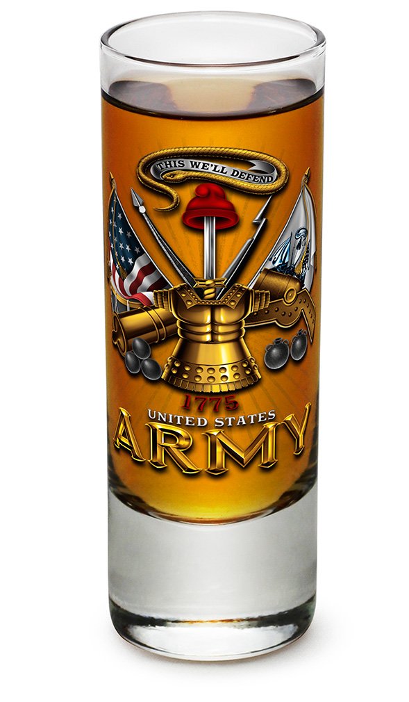 US Army Soldier Shot Glass Set of 24 (2oz) - Armed Forces Themed Antique Armor Design with Logo - Perfect for Military Parties, Veterans Day Gifts & Whiskey Tasting