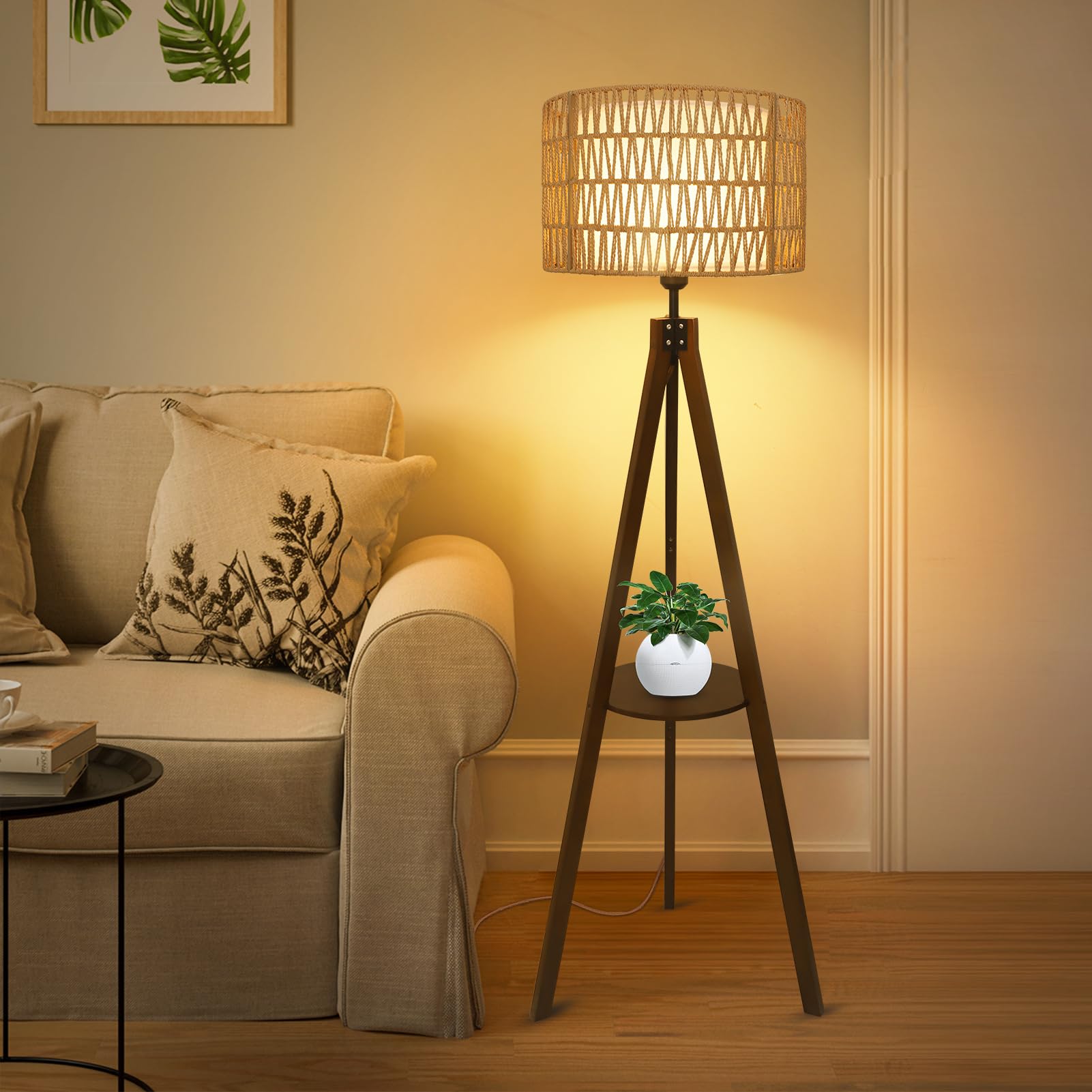 Boho Tripod Floor Lamp with Shelves - Mid Century Modern Wood Standing Lamp with Rattan & Fabric Shades, ON/Off Foot Switch - Farmhouse Tall Floor Lamps for Living Room, Bedroom, Office - Perfect for Reading Nook, Cozy Corner & Home Decor Lighting