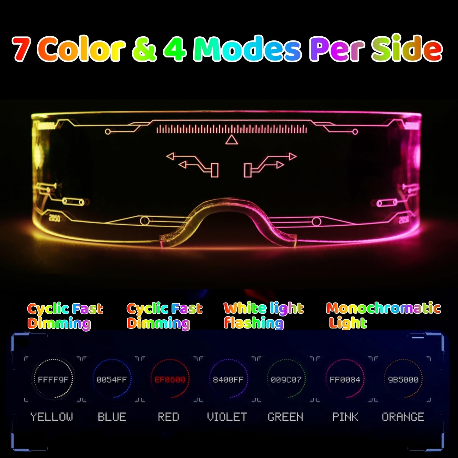 Futuristic LED Glasses with Bilateral 7 Colors & 4 Modes - Cyberpunk Neon Sunglasses for Rave Parties, EDM Festivals, Cosplay, Halloween Costumes & Night Events - Cool Glow Accessories for DJs, Dancers and Party Lovers