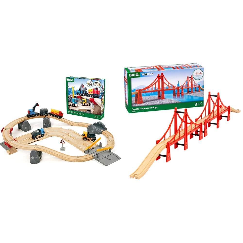BRIO World 33210 32-Piece Wooden Train Set with Rail & Road Loading for Kids Ages 3+ | 33683 Double Suspension Bridge 5-Piece Train Accessory | Perfect for Imaginative Play, Preschool Learning & Toddler Transportation Adventures