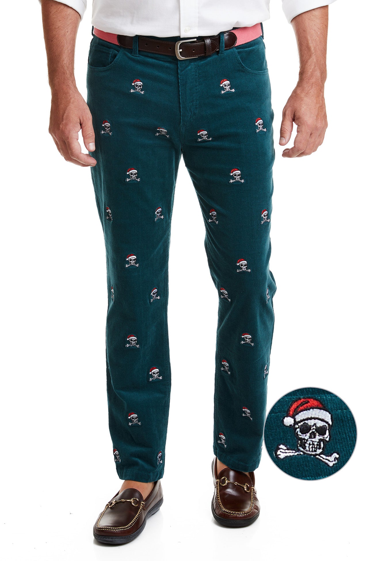 Wayfarer 5-Pocket Pinwale Corduroy Pants for Men - Vintage Hunter Green Corduroy Trousers with Pirate Skull Print | Perfect for Christmas Gifts, Casual Wear & Holiday Outfits