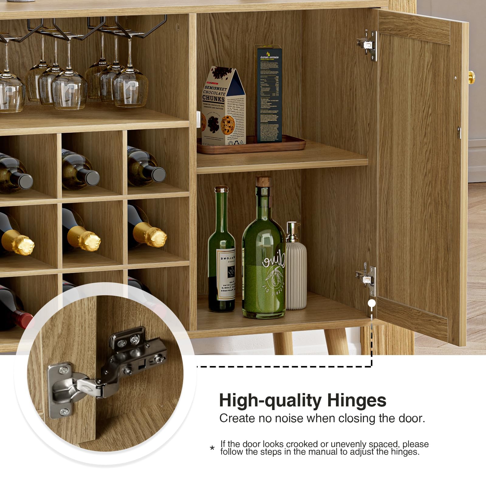 Giluta Rattan Wine Bar Cabinet with 2 Doors - Farmhouse Liquor Storage with Wine Rack & Glass Holder - Rustic Oak Sideboard Buffet for Living Room, Dining Room & Kitchen - Perfect for Home Entertaining & Wine Display