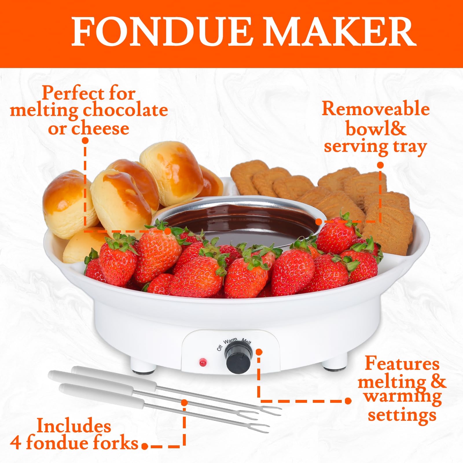 Stainless Steel Electric Fondue Pot Set with 4 Forks - Chocolate & Cheese Melting Pot for Parties, Butter Warmer with Serving Tray - Perfect for Valentine's Day, Family Gatherings & Dinner Parties