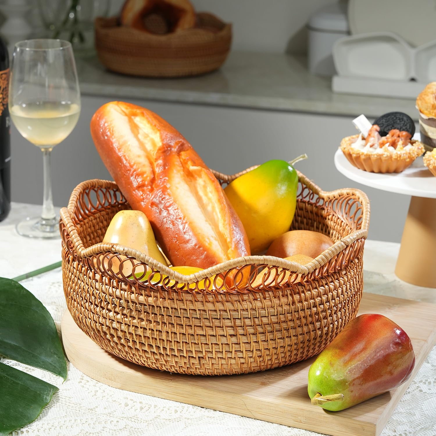 Round Rattan Wicker Bread Basket with Removable White Liner - 11