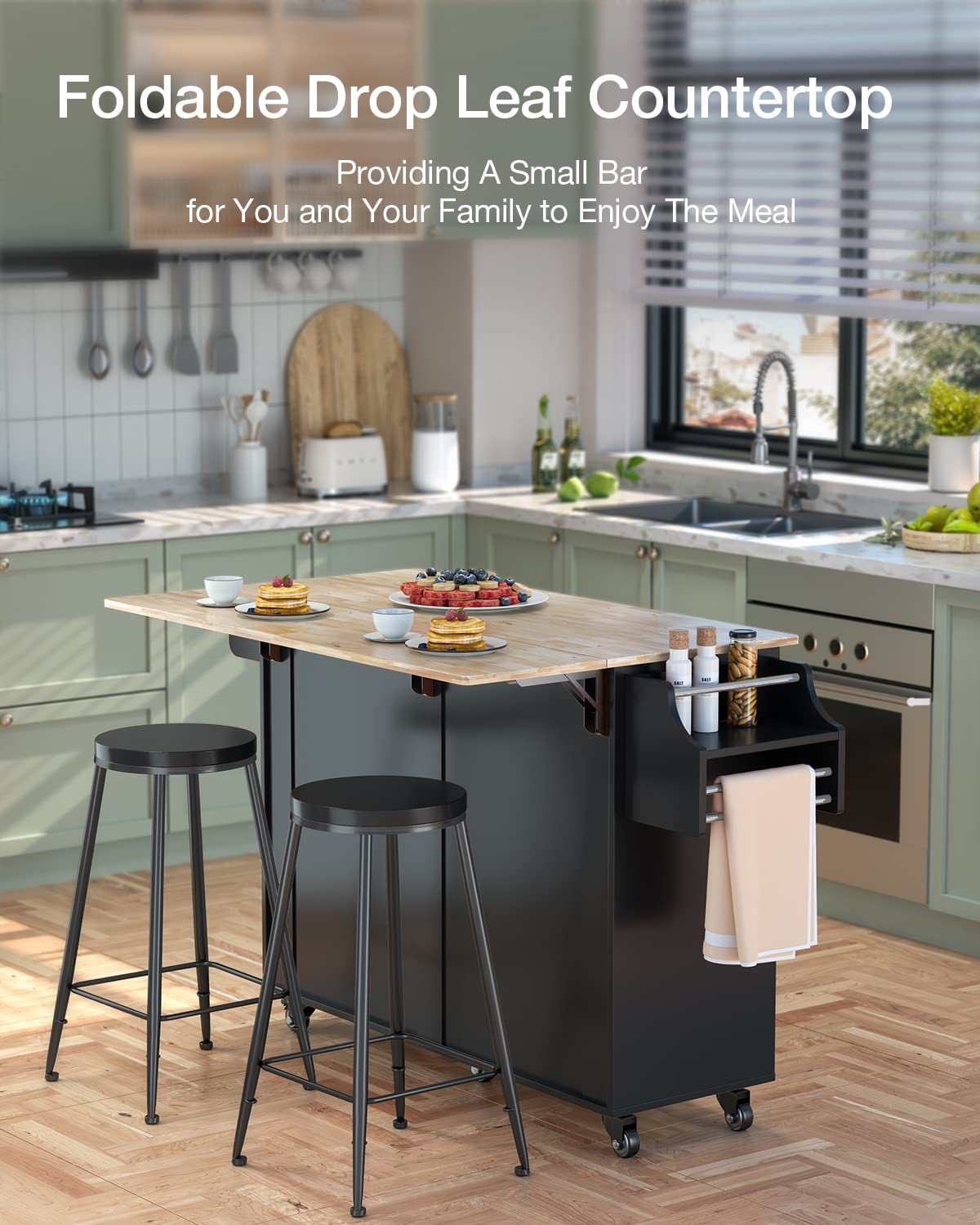 Kitchen Island with Storage & Side Rack - 5-Wheel Mobile Kitchen Cart with Durable Rubber Wood Top (Black) - Perfect for Small Kitchens, Food Prep, and Extra Counter Space