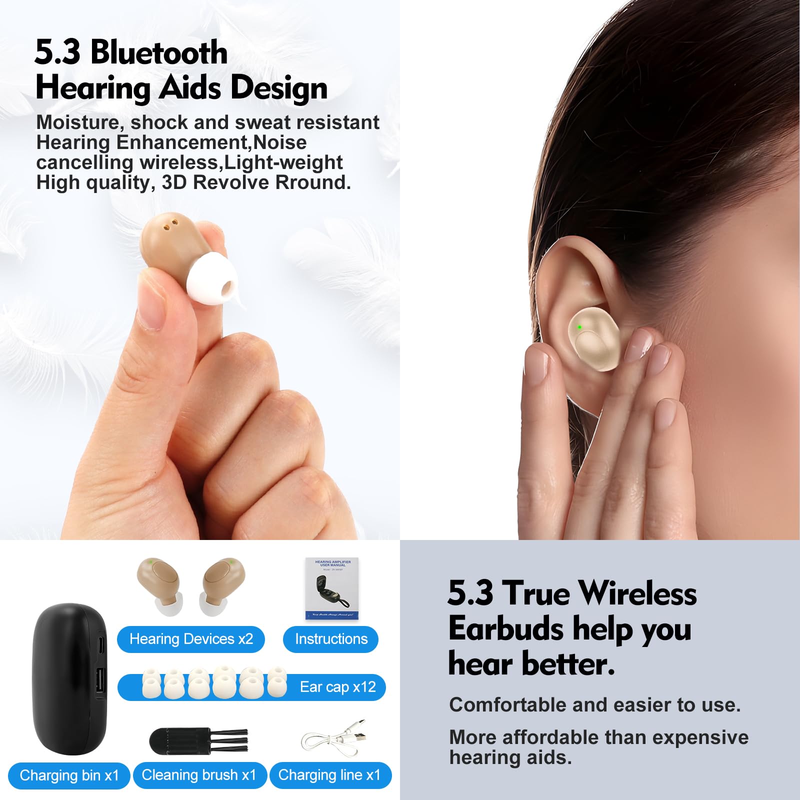 Bluetooth Hearing Aids for Seniors - Rechargeable Hearing Amplifier with Charging Case - Dual Microphone Noise Reduction for Mild to Moderate Hearing Loss (Beige) - Perfect for TV Watching, Conversations & Outdoor Activities