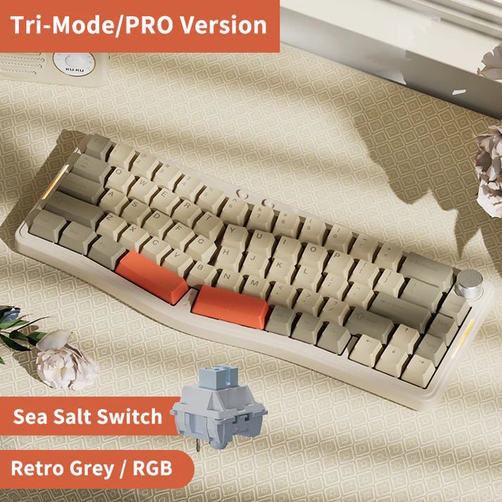 Ajazz AKS068Pro Retro Grey Mechanical Keyboard - RGB Backlit, Wired & Wireless, Sea Salt Switch - Perfect for Gaming, Typing & Office Work