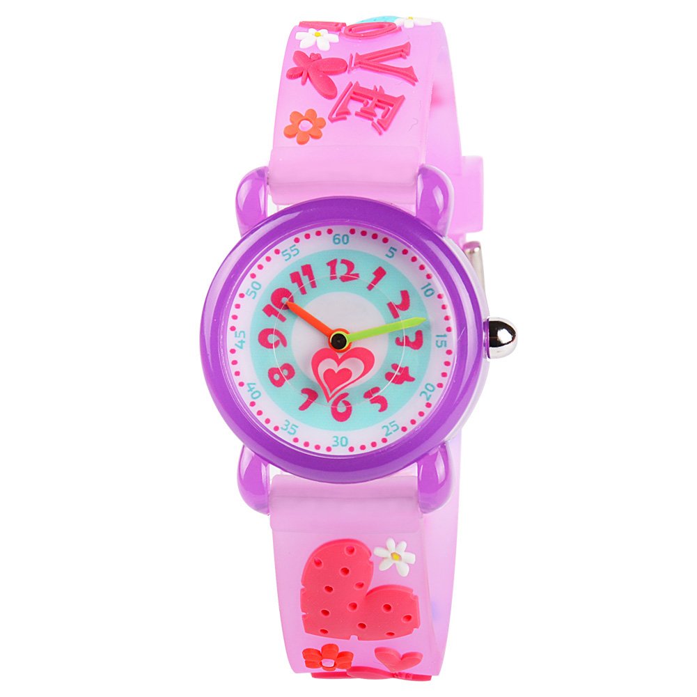 Venhoo Kids Waterproof Digital Watch - Cartoon Silicone Wristwatch for Girls & Boys, Time Teacher Gift with Alarm & LED Light (Purple Heart) - Perfect for School, Swimming & Outdoor Activities