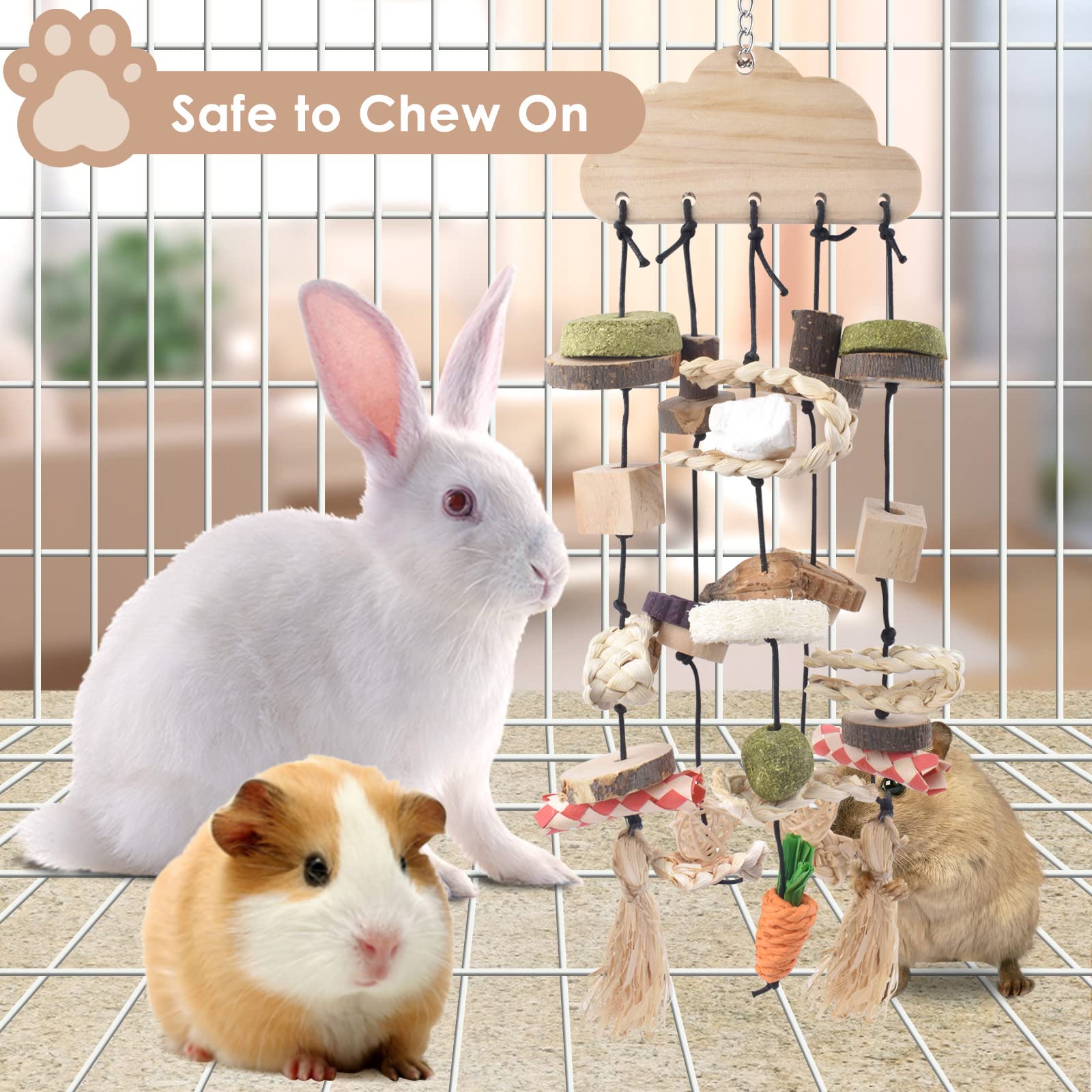 Rabbit Chew Toy with Snacks - Wooden Teeth Grinding Treat for Small Pets like Guinea Pigs & Hamsters - Cage Hanging Toy for Bunnies