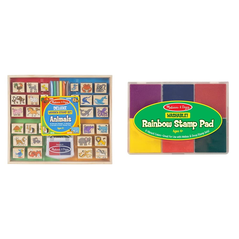 Melissa & Doug Deluxe Wooden Animal Stamp Set - 30 Stamps, 6 Washable Markers, 2 Stamp Pads & Rainbow Ink Pad - Kids Arts & Crafts for Birthday Parties, Classroom Activities & Creative Play