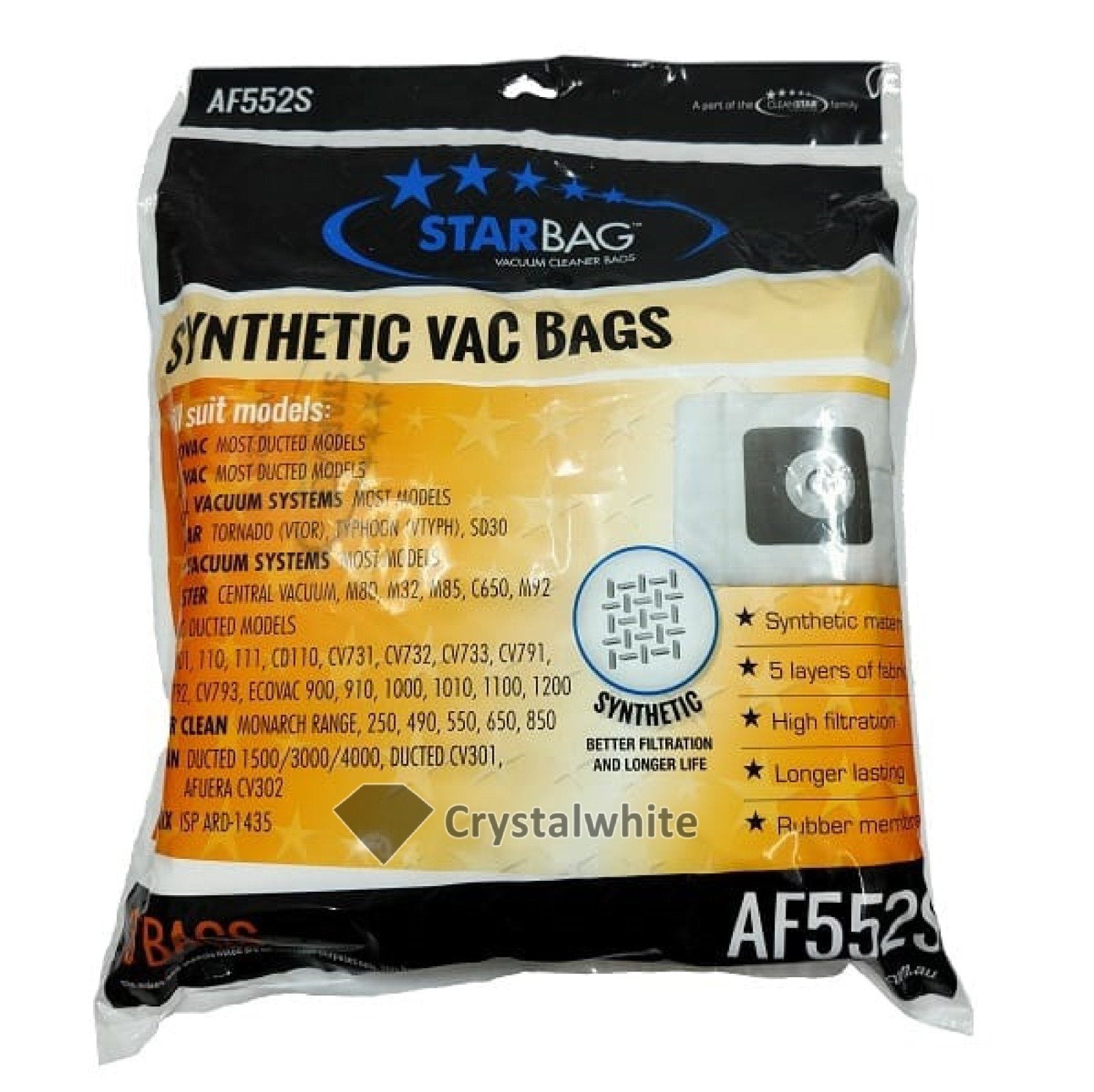 Starbag AF552S Synthetic Vacuum Cleaner Bags for Ducted Systems - Perfect for Home Cleaning & Allergen Reduction
