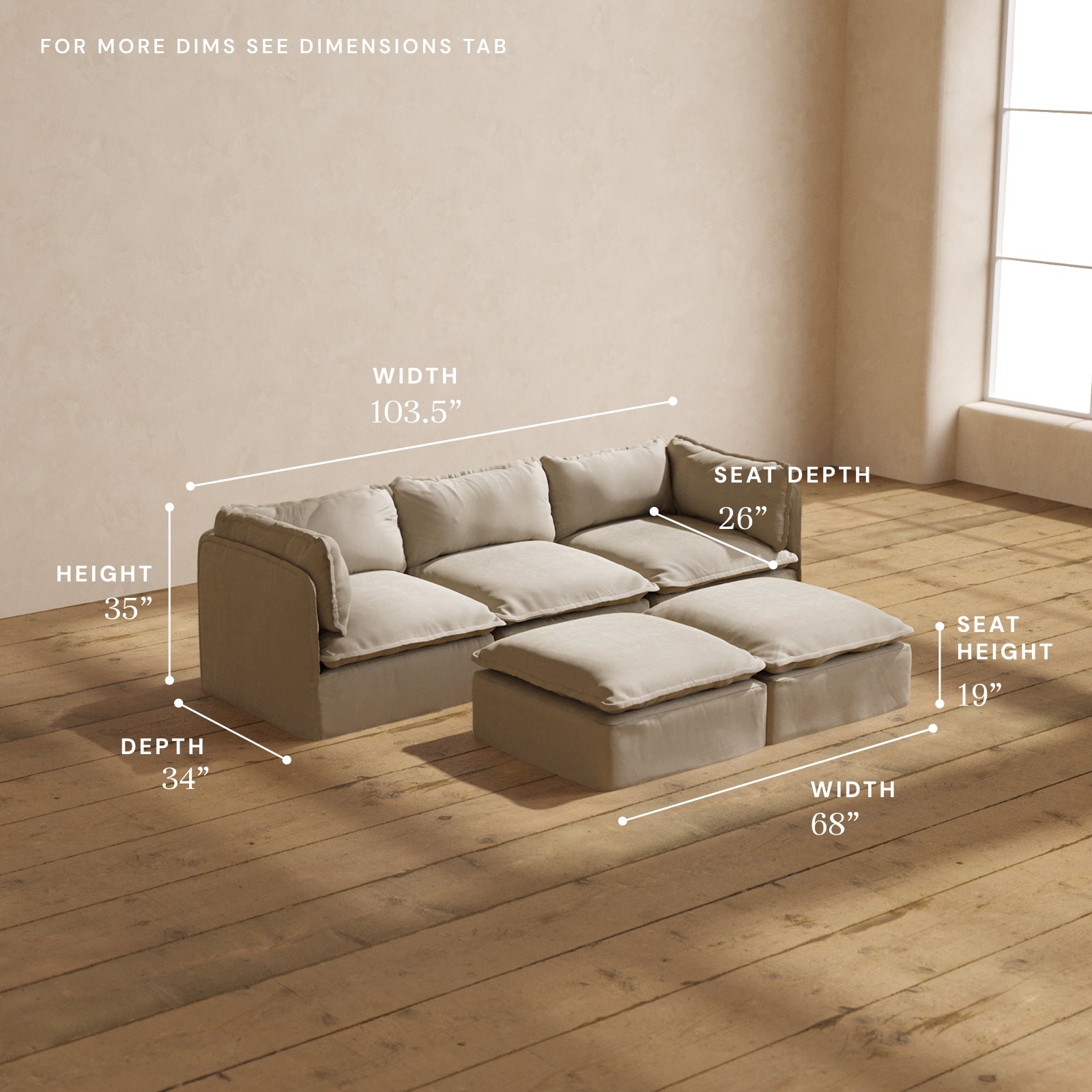 Modular Performance 3-Seater Sofa with Bench Ottoman in Dune Color | Modern L-Shaped Sectional Couch for Living Room | Perfect for Small Spaces, Family Gatherings and Movie Nights