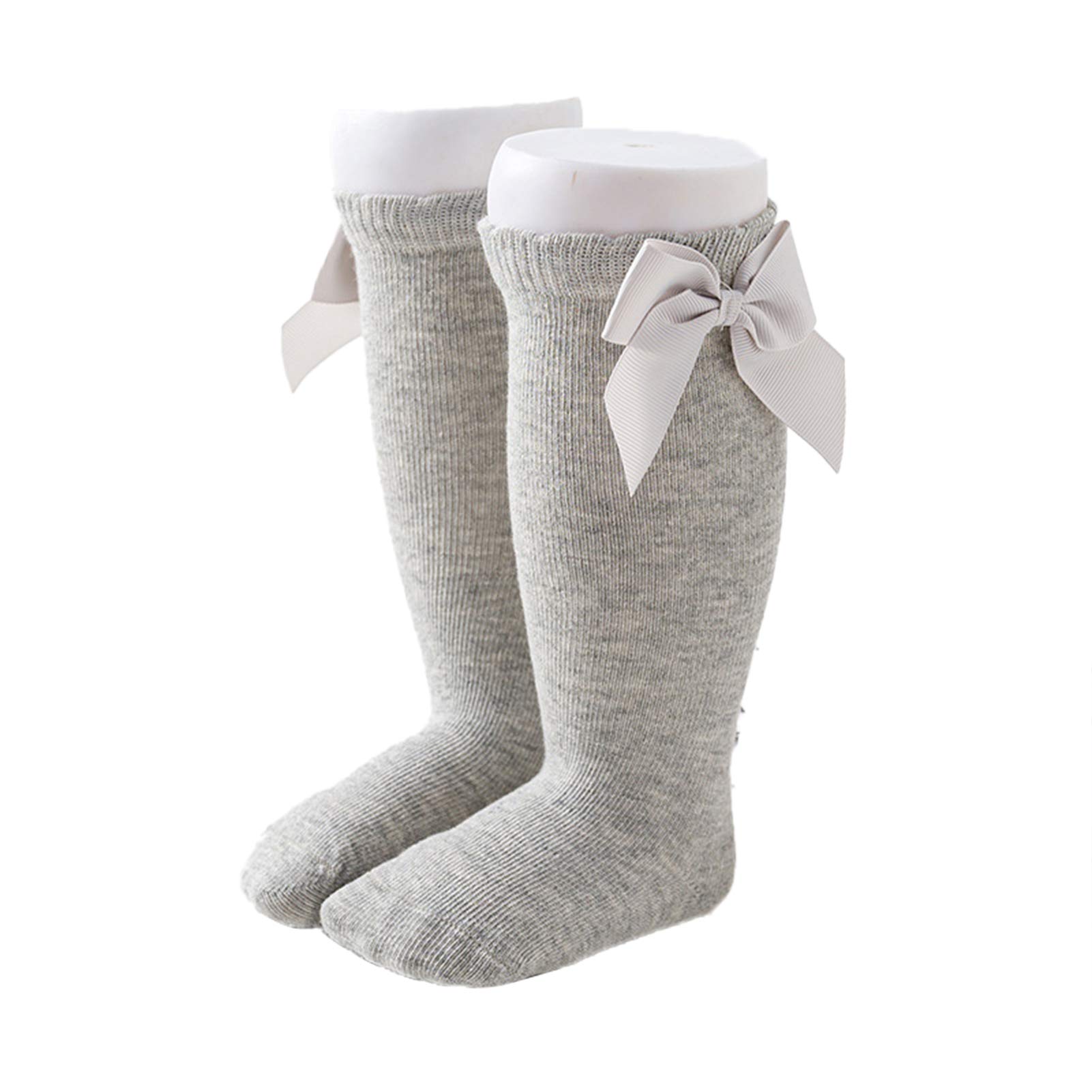 mogen886 Girls Knee High Socks - Anti-Slip Cotton Stockings with Bowknot Design for School, Party & Everyday Wear - Light Grey (Toddler to Kids Sizes)