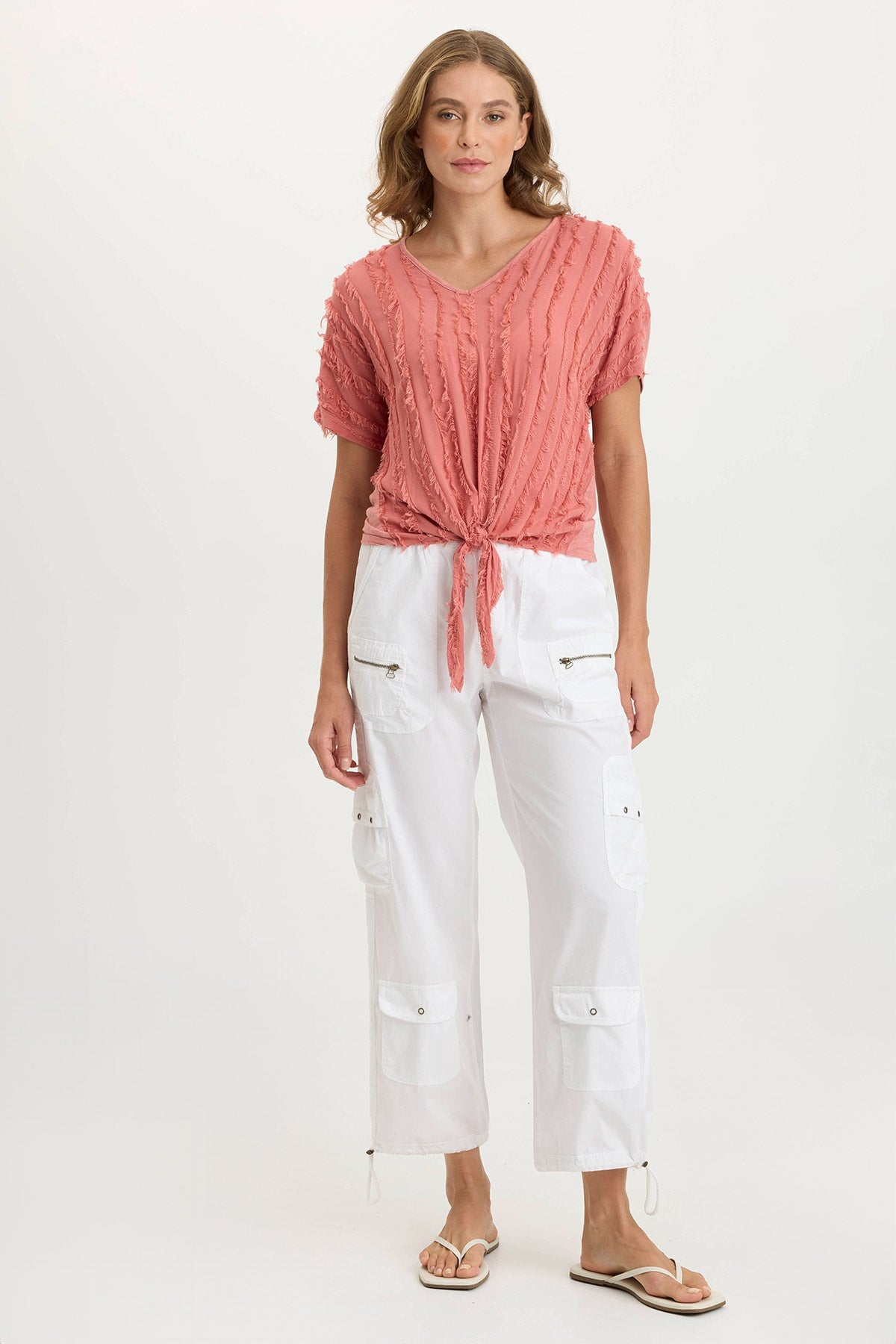 Curine Striped Voile & Jersey Knotted V-Neck Top for Women - Casual Summer Blouse for Beach, Party, and Everyday Wear