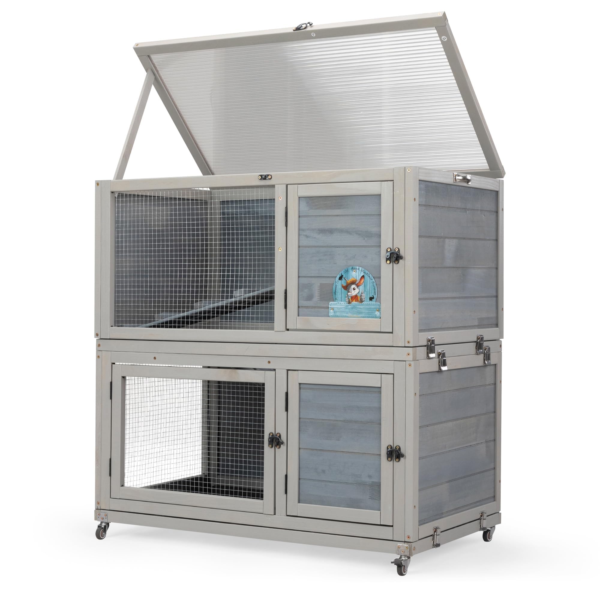 2-Story Wooden Rabbit Hutch - Weatherproof Indoor/Outdoor Bunny Cage with Wheels, Pull-Out Tray & Non-Slip Ramp - Grey Pet House for Rabbits, Guinea Pigs & Small Animals - Perfect for Backyard, Garden or Patio Use