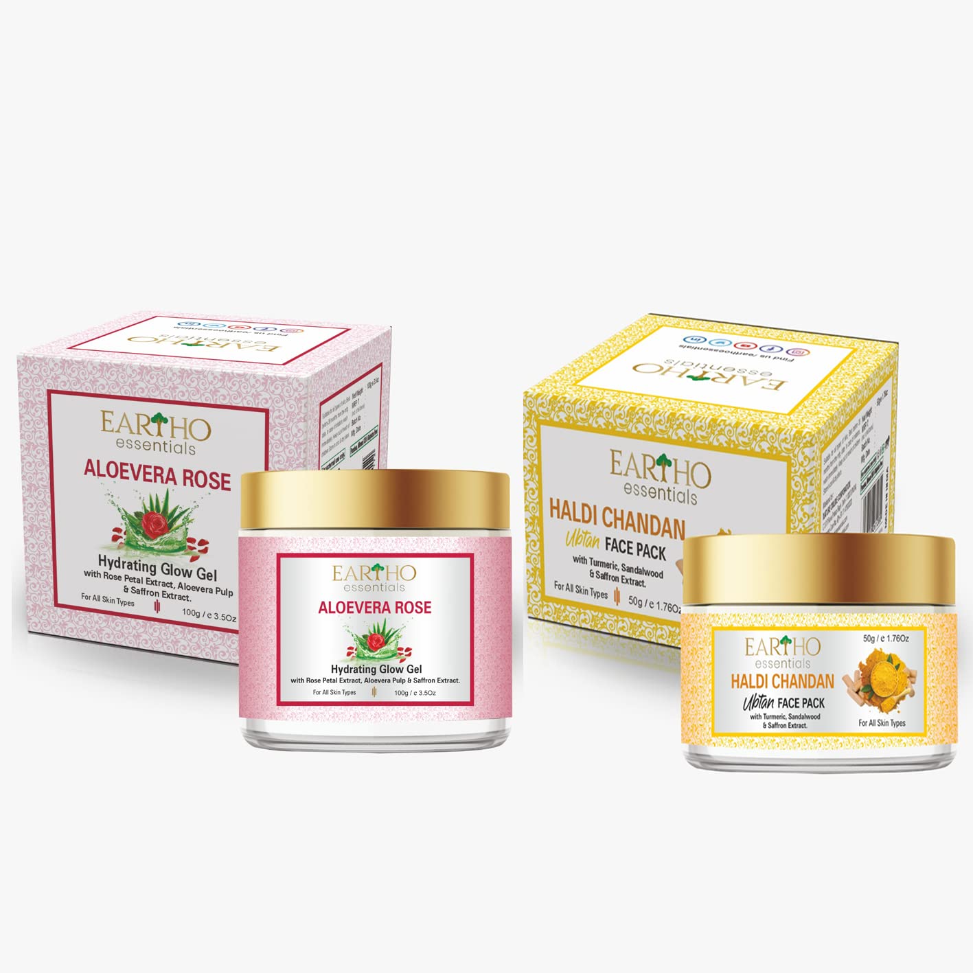 Eartho Essentials Aloe Vera Rose Hydrating Glow Gel with Rose Petal Extract, Aloe Vera Pulp & Saffron Extract 100g + Turmeric Sandalwood Pack 50g - Hydrating Face Mask for Dry Skin, Perfect for Daily Skincare Routine & Spa Treatments